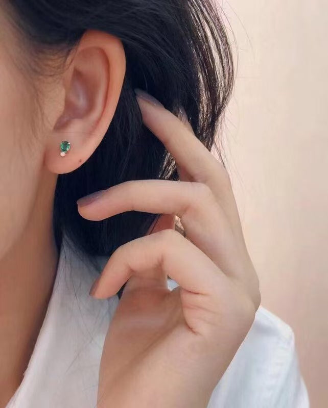 Natural Colombian Emerald Earrings 3*4mm Top High Clarity Intense Green Full Fire Luxe Setting S925 Silver Versatile Light Luxury Ins Style Gift