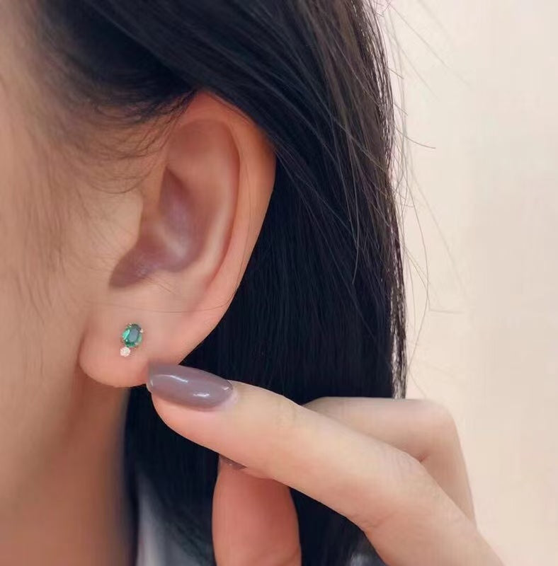 Natural Colombian Emerald Earrings 3*4mm Top High Clarity Intense Green Full Fire Luxe Setting S925 Silver Versatile Light Luxury Ins Style Gift