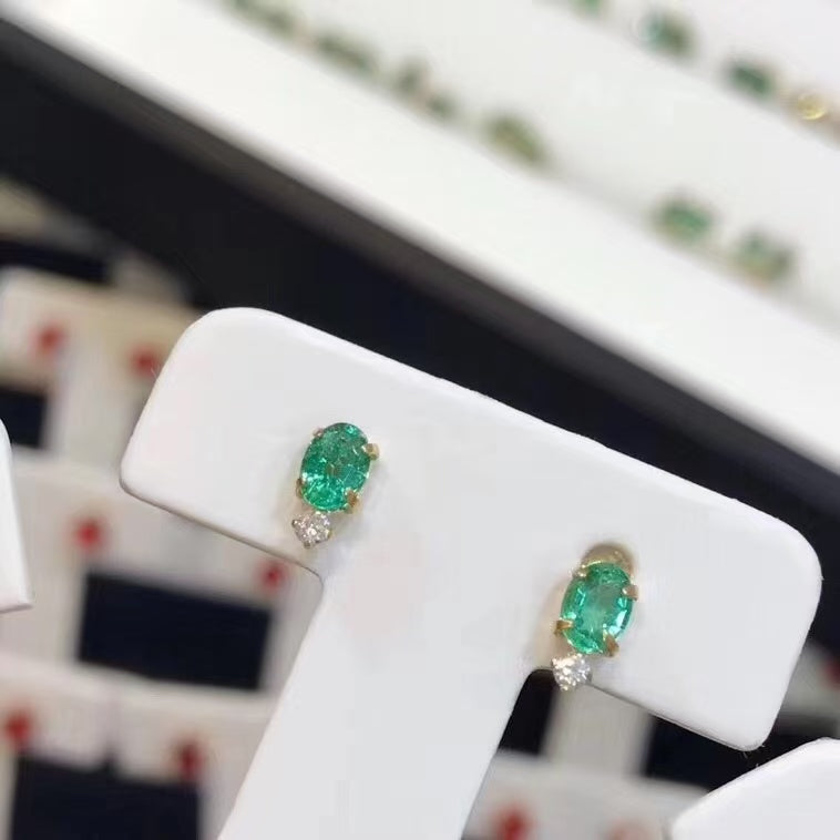 Natural Colombian Emerald Earrings 3*4mm Top High Clarity Intense Green Full Fire Luxe Setting S925 Silver Versatile Light Luxury Ins Style Gift