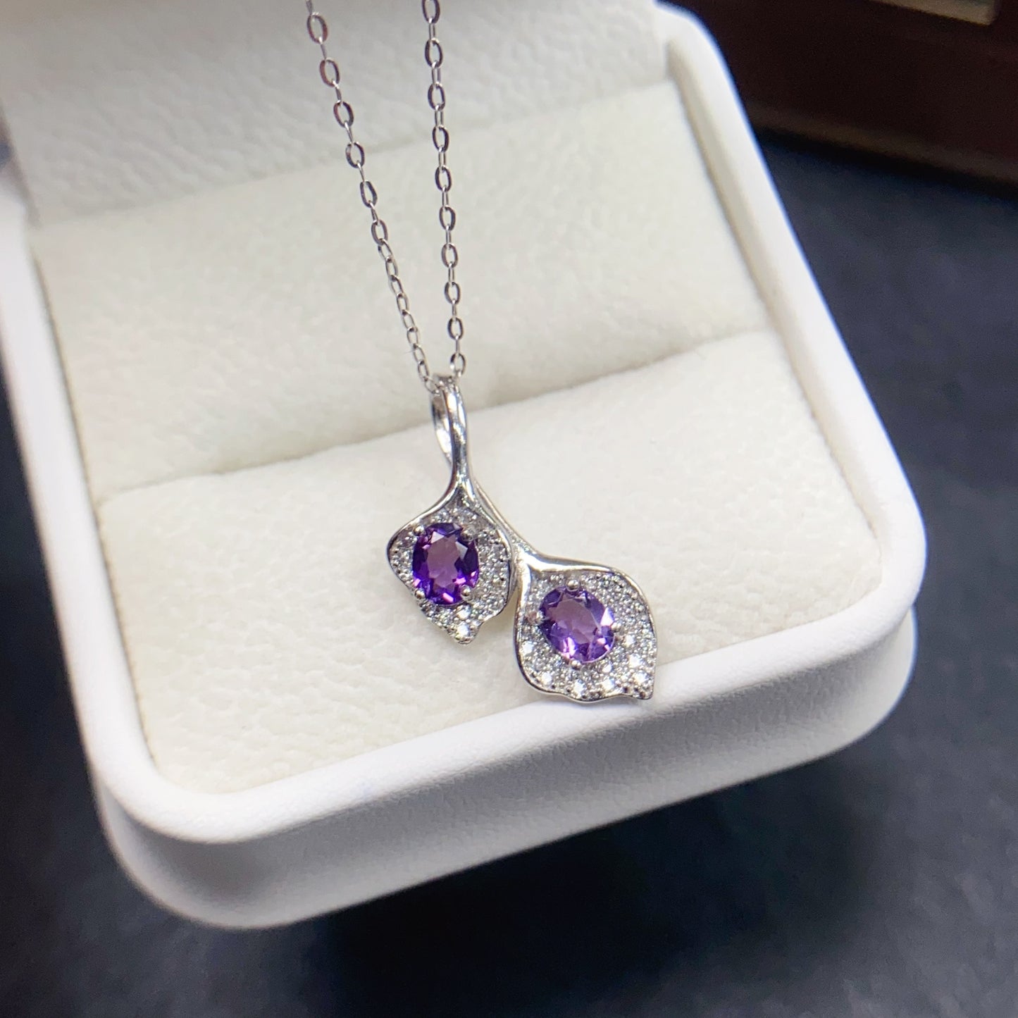 Natural Amethyst Double Leaf Pendant 4*5mm Cute Fresh Design High Clarity Full Fire S925 Silver Setting Versatile Light Luxury Choker Necklace Ins Style Gif