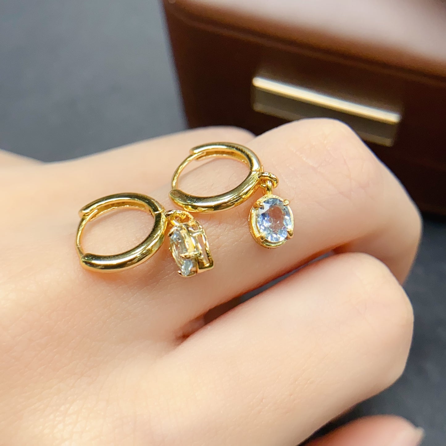 Natural Aquamarine Earrings Ear Cuff 4*5mm Gold Setting Fashion Style High Clarity Full Fire S925 Silver Setting 2-in-1 Light Luxury Design Versatile Ins Style Gift
