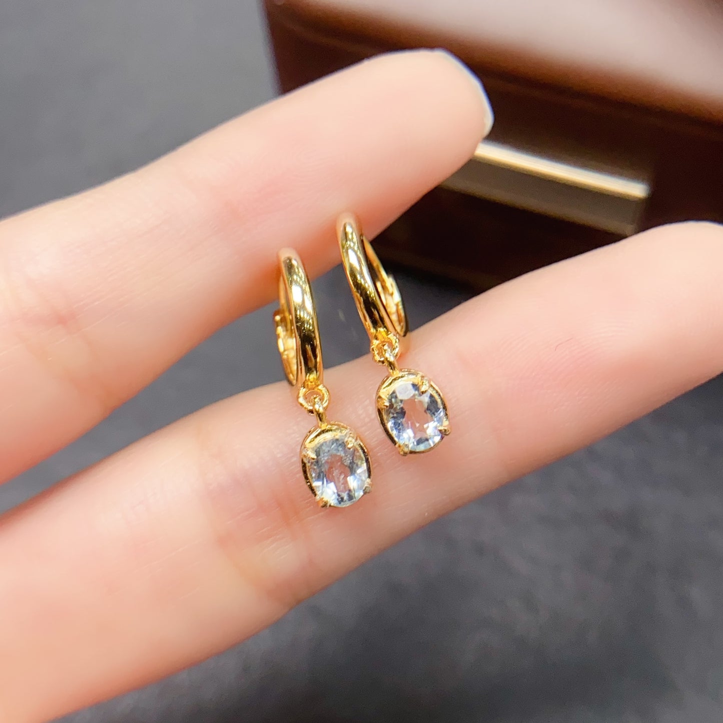 Natural Aquamarine Earrings Ear Cuff 4*5mm Gold Setting Fashion Style High Clarity Full Fire S925 Silver Setting 2-in-1 Light Luxury Design Versatile Ins Style Gift
