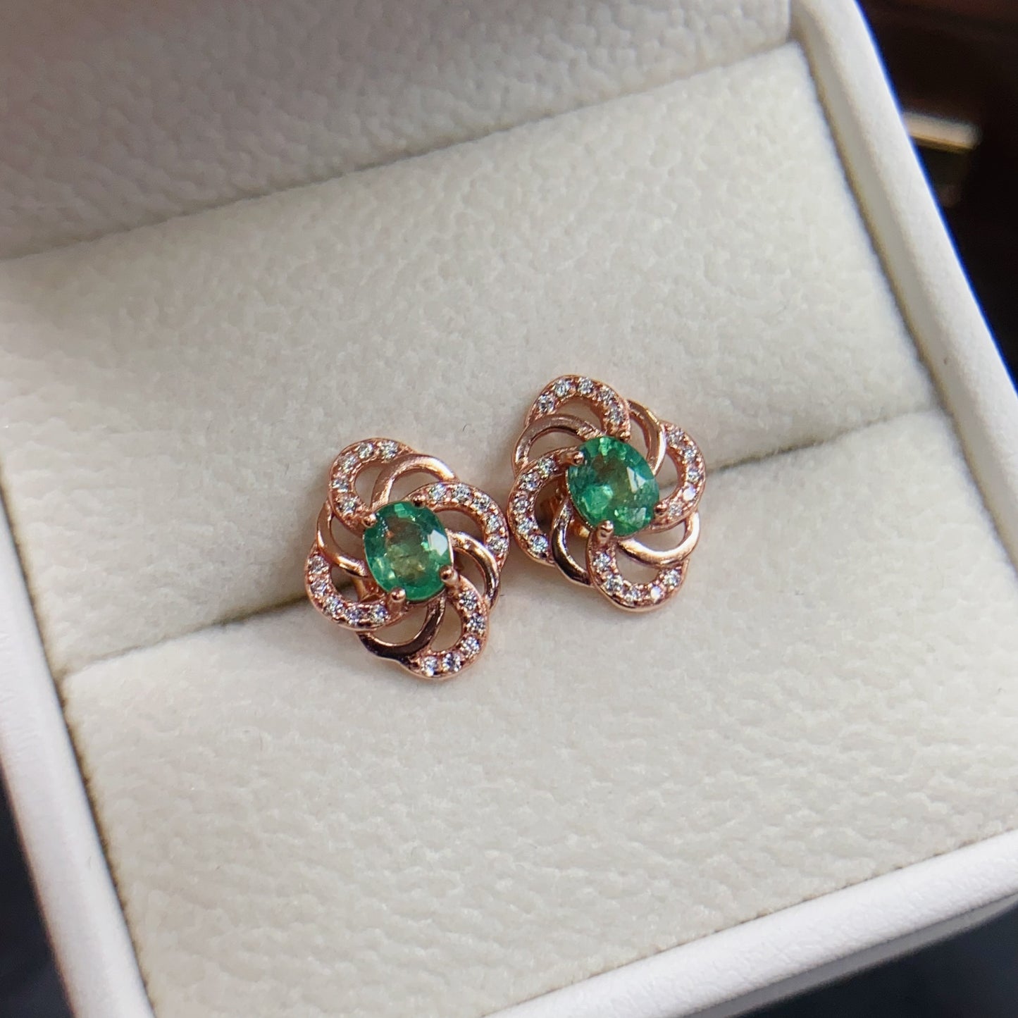 Natural Emerald Earrings | Rose Gold Floral Design | Vintage Luxe Trendy | High Quality Super Green | 925 Silver Exquisite Setting | 4*5mm Delicate Daily | Fairy Style Jewelry For Women