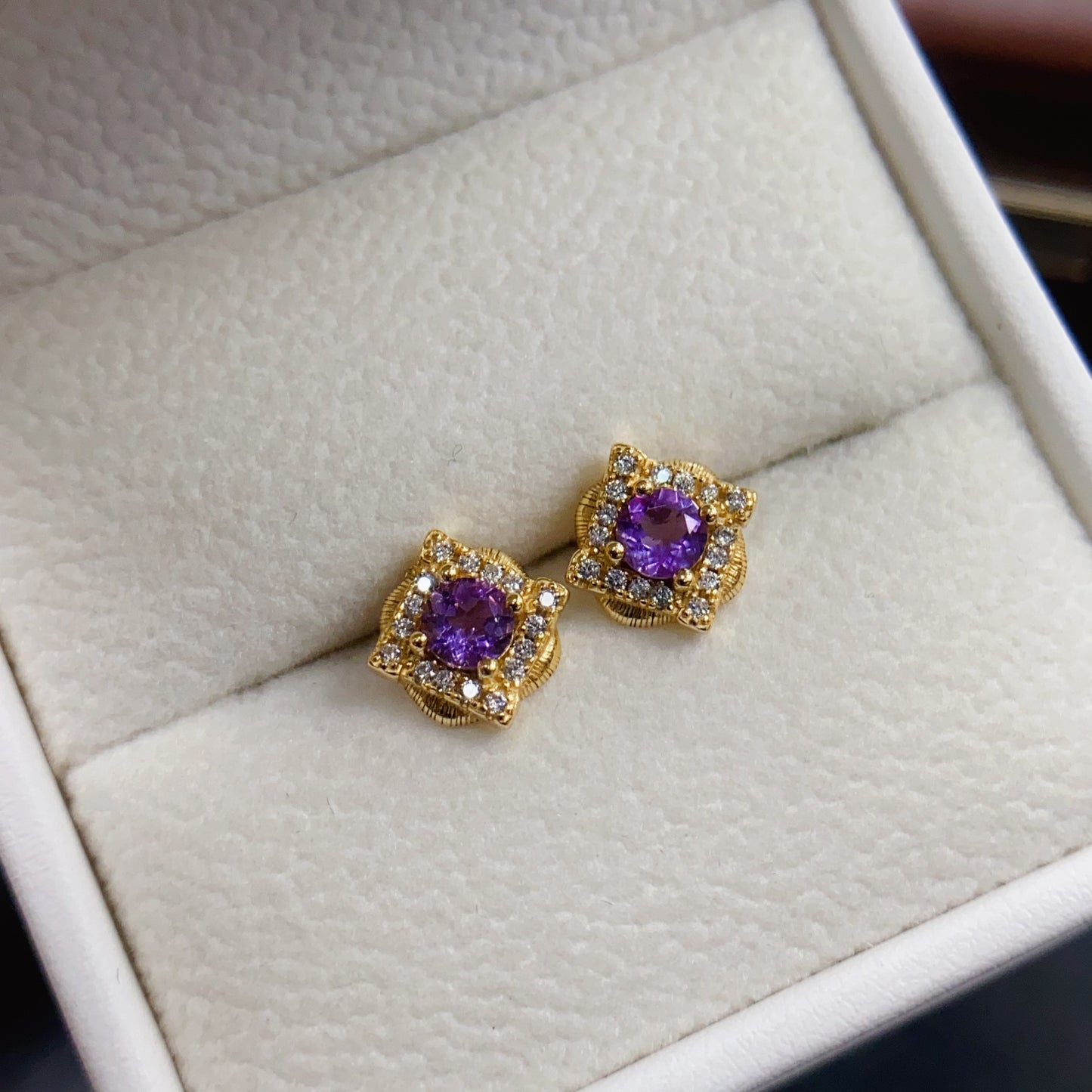 Natural Amethyst Earrings | Gold Setting Shiny | Super Rich Purple Color | High Quality Sparkle | 925 Silver Exquisite Setting | 4*4mm Round Daily | Light Luxury Earrings For Women