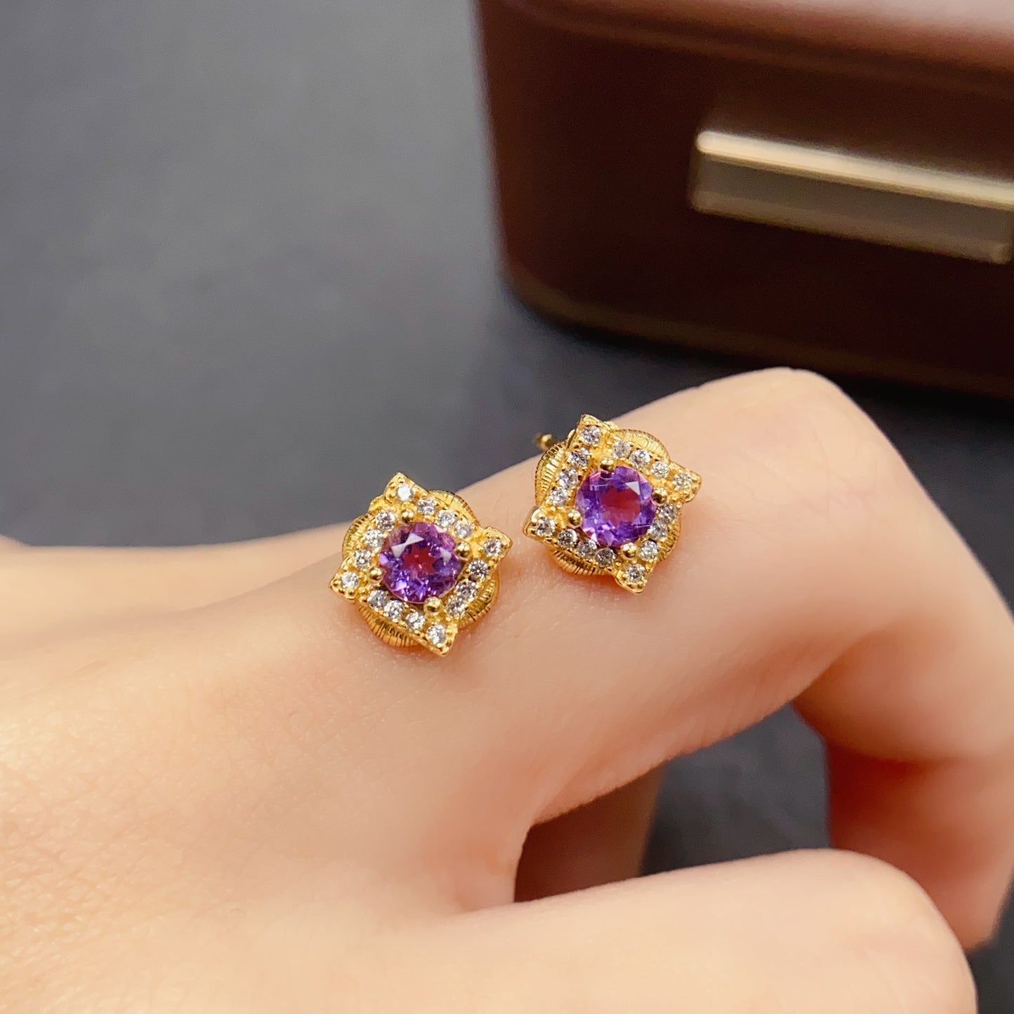 Natural Amethyst Earrings | Gold Setting Shiny | Super Rich Purple Color | High Quality Sparkle | 925 Silver Exquisite Setting | 4*4mm Round Daily | Light Luxury Earrings For Women