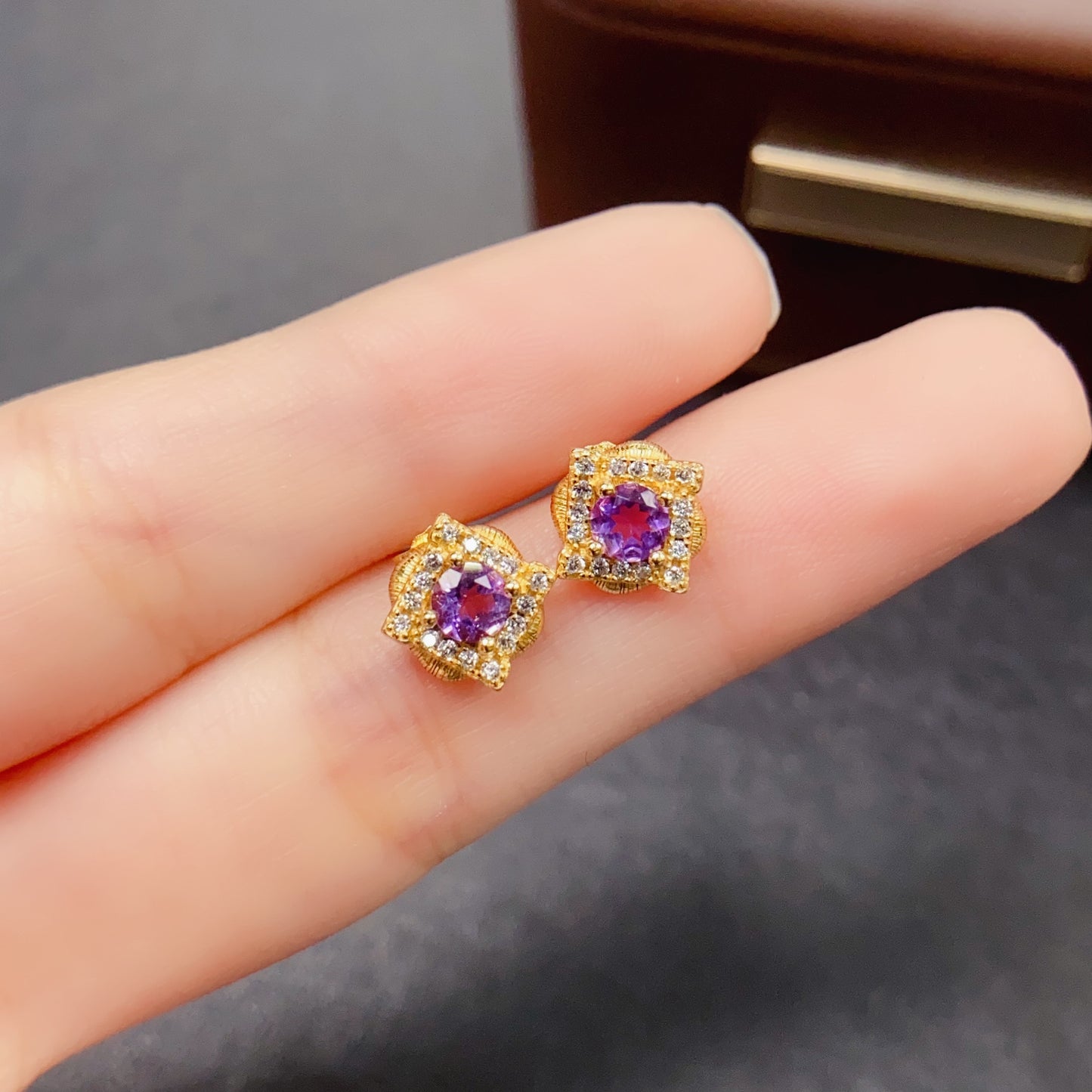 Natural Amethyst Earrings | Gold Setting Shiny | Super Rich Purple Color | High Quality Sparkle | 925 Silver Exquisite Setting | 4*4mm Round Daily | Light Luxury Earrings For Women