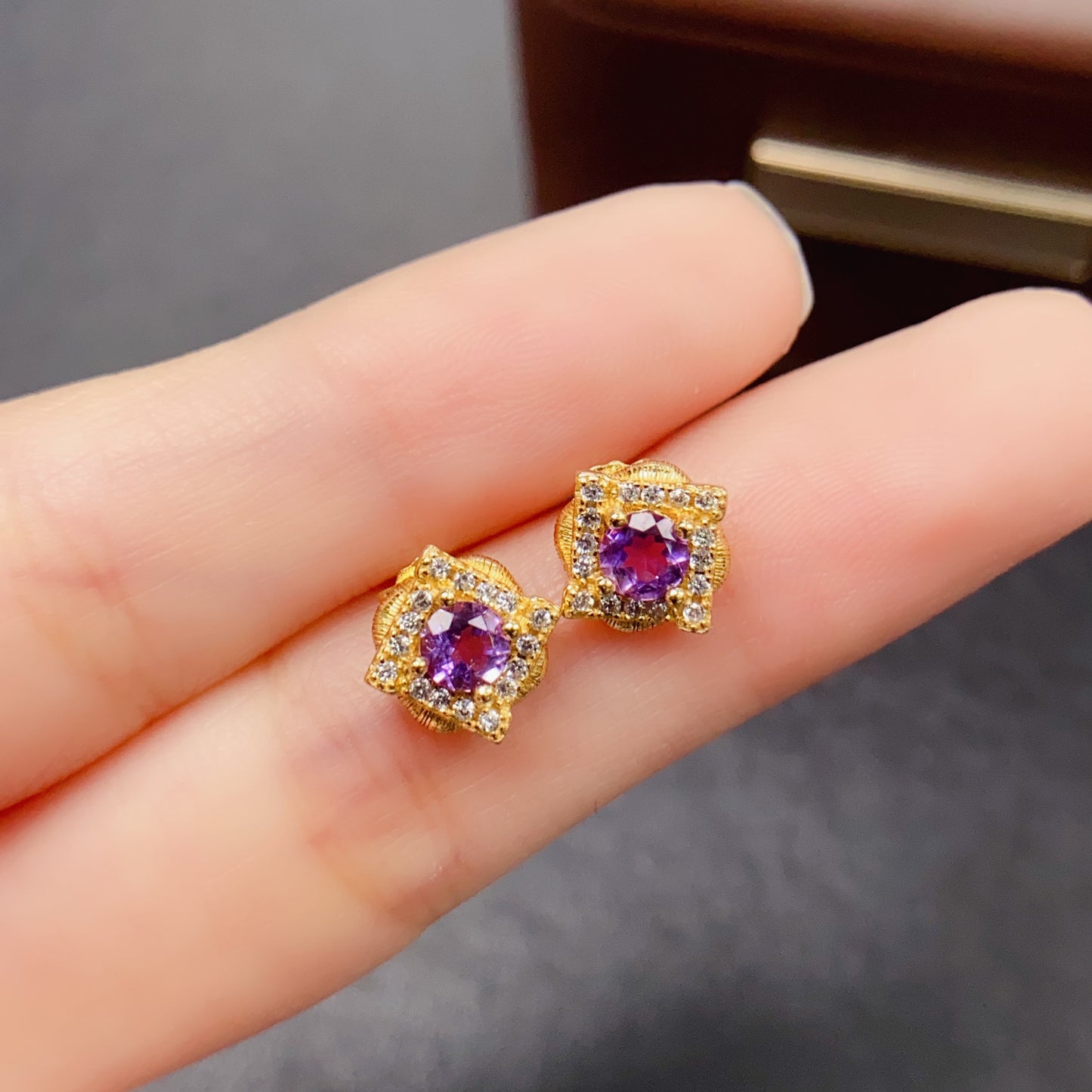 Natural Amethyst Earrings | Gold Setting Shiny | Super Rich Purple Color | High Quality Sparkle | 925 Silver Exquisite Setting | 4*4mm Round Daily | Light Luxury Earrings For Women