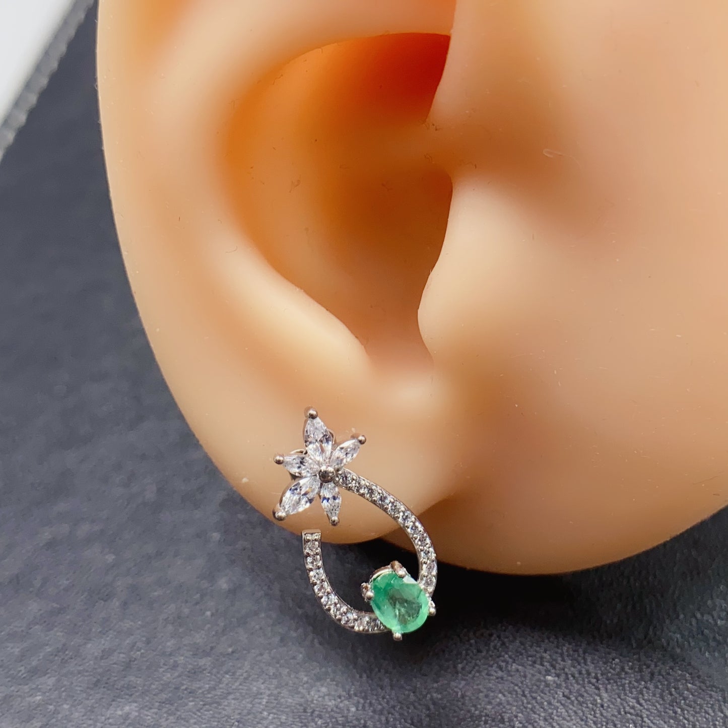 Natural Emerald Earrings | Floral Hoop Cute Design | Face Slimming Style | Super Rich Green Color | High Quality Sparkle | 925 Silver Exquisite Setting | 4*5mm Daily Youthful | Trendy Birthday Gift