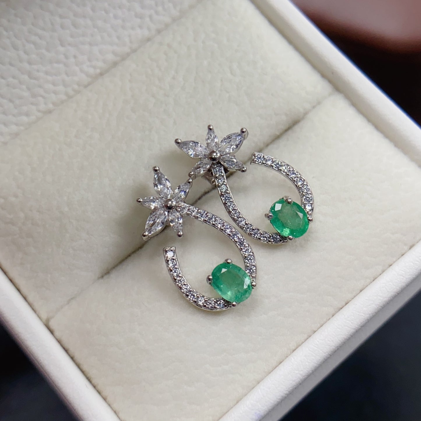 Natural Emerald Earrings | Floral Hoop Cute Design | Face Slimming Style | Super Rich Green Color | High Quality Sparkle | 925 Silver Exquisite Setting | 4*5mm Daily Youthful | Trendy Birthday Gift