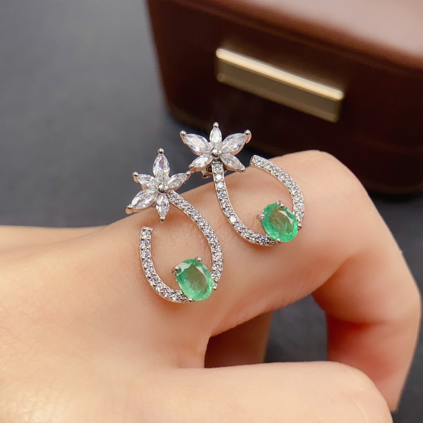 Natural Emerald Earrings | Floral Hoop Cute Design | Face Slimming Style | Super Rich Green Color | High Quality Sparkle | 925 Silver Exquisite Setting | 4*5mm Daily Youthful | Trendy Birthday Gift