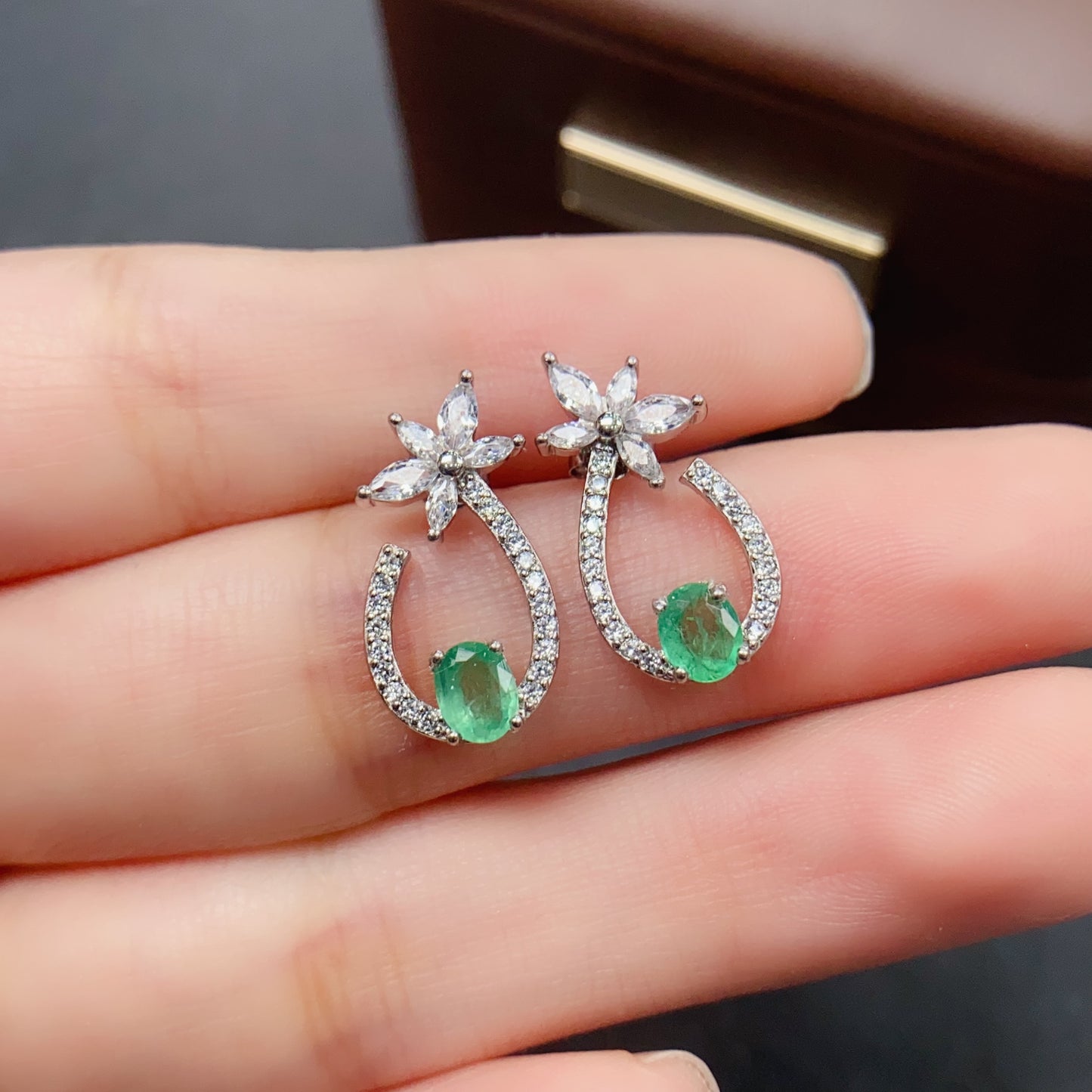 Natural Emerald Earrings | Floral Hoop Cute Design | Face Slimming Style | Super Rich Green Color | High Quality Sparkle | 925 Silver Exquisite Setting | 4*5mm Daily Youthful | Trendy Birthday Gift