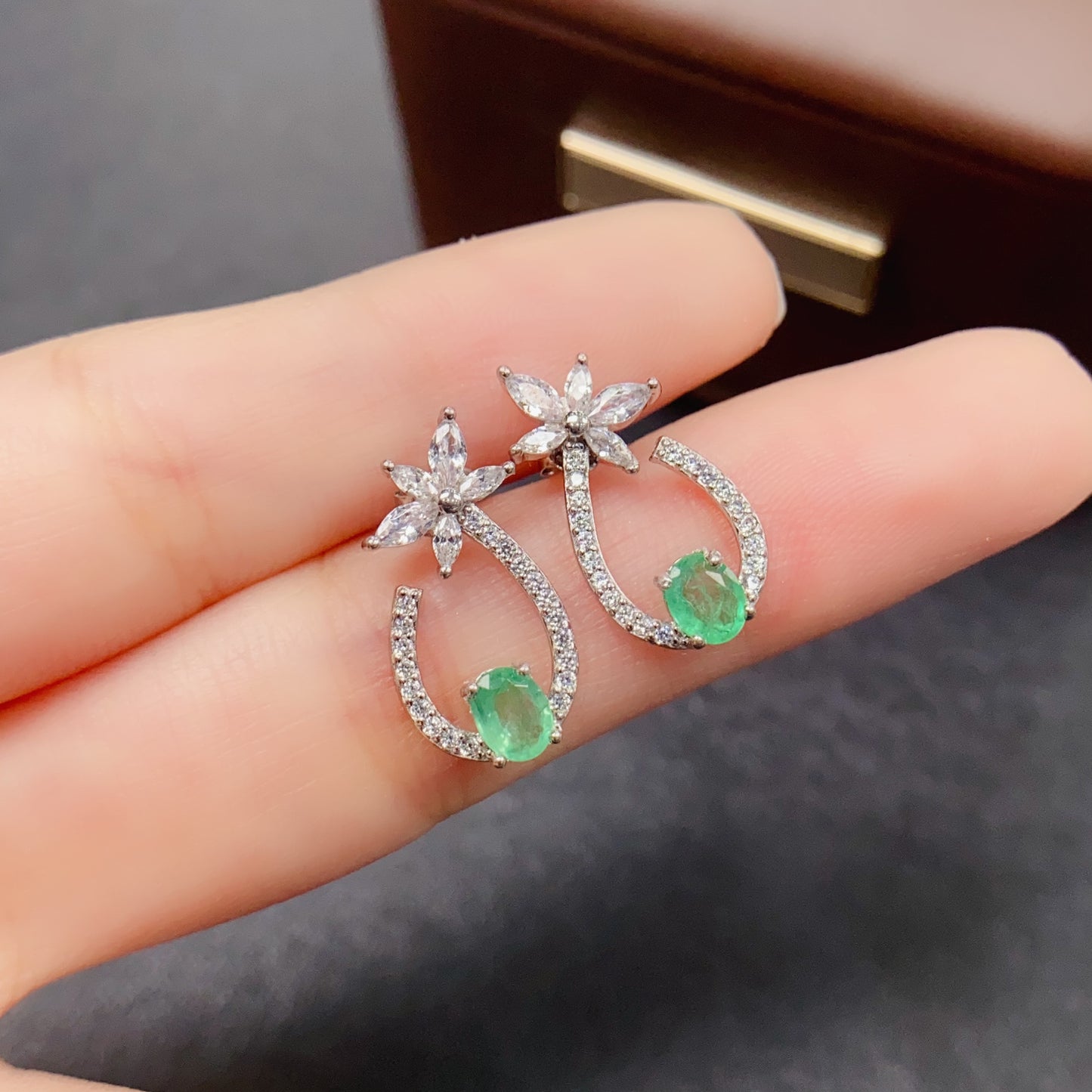 Natural Emerald Earrings | Floral Hoop Cute Design | Face Slimming Style | Super Rich Green Color | High Quality Sparkle | 925 Silver Exquisite Setting | 4*5mm Daily Youthful | Trendy Birthday Gift