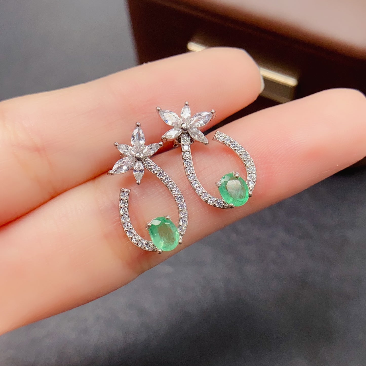 Natural Emerald Earrings | Floral Hoop Cute Design | Face Slimming Style | Super Rich Green Color | High Quality Sparkle | 925 Silver Exquisite Setting | 4*5mm Daily Youthful | Trendy Birthday Gift