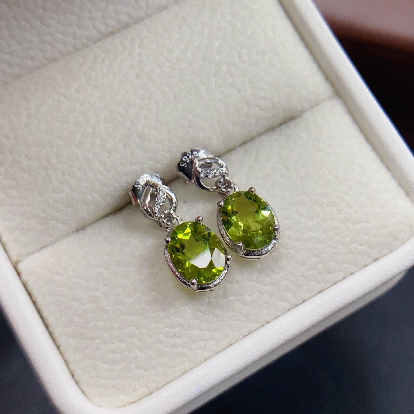Natural Peridot Earrings | Oval Design Dangle Style | Super Fresh Mint Green Color | High Quality Sparkle | 925 Silver Exquisite Setting | 6*8mm Statement Earrings | Refreshing Crystal Jewelry For Women