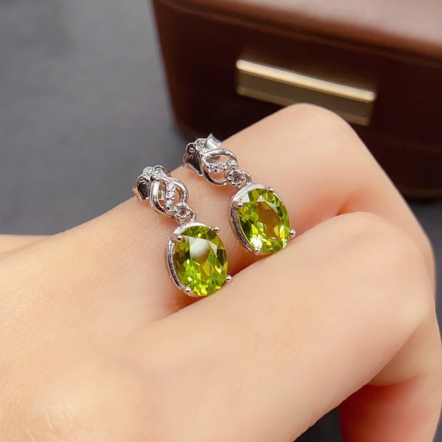 Natural Peridot Earrings | Oval Design Dangle Style | Super Fresh Mint Green Color | High Quality Sparkle | 925 Silver Exquisite Setting | 6*8mm Statement Earrings | Refreshing Crystal Jewelry For Women