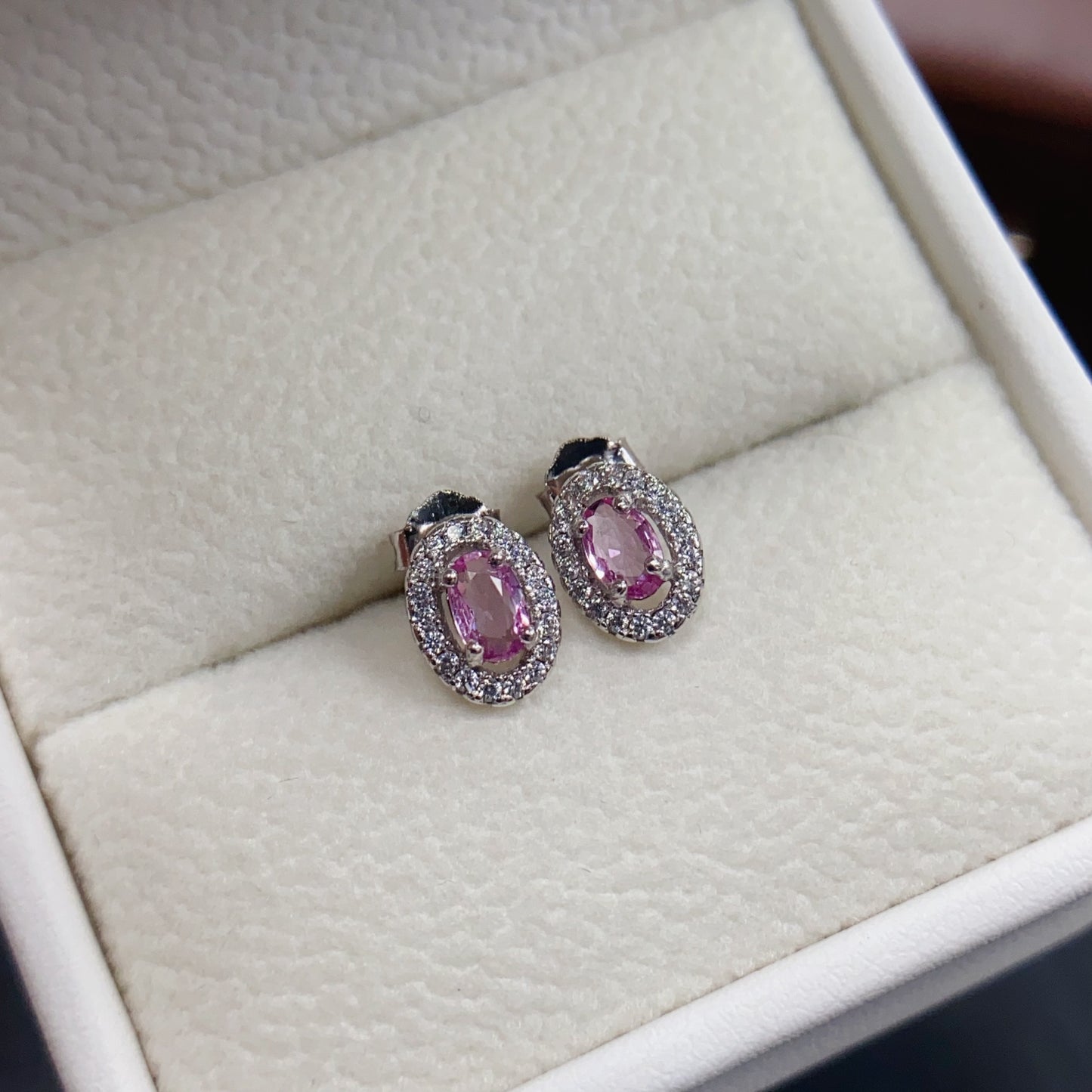 Natural Pink Sapphire Earrings | Oval Classic Style | Cherry Blossom Super Color | High Quality Sparkle | 925 Silver Exquisite Setting | 3*5mm Delicate & Flattering | Feminine Luxe Earrings
