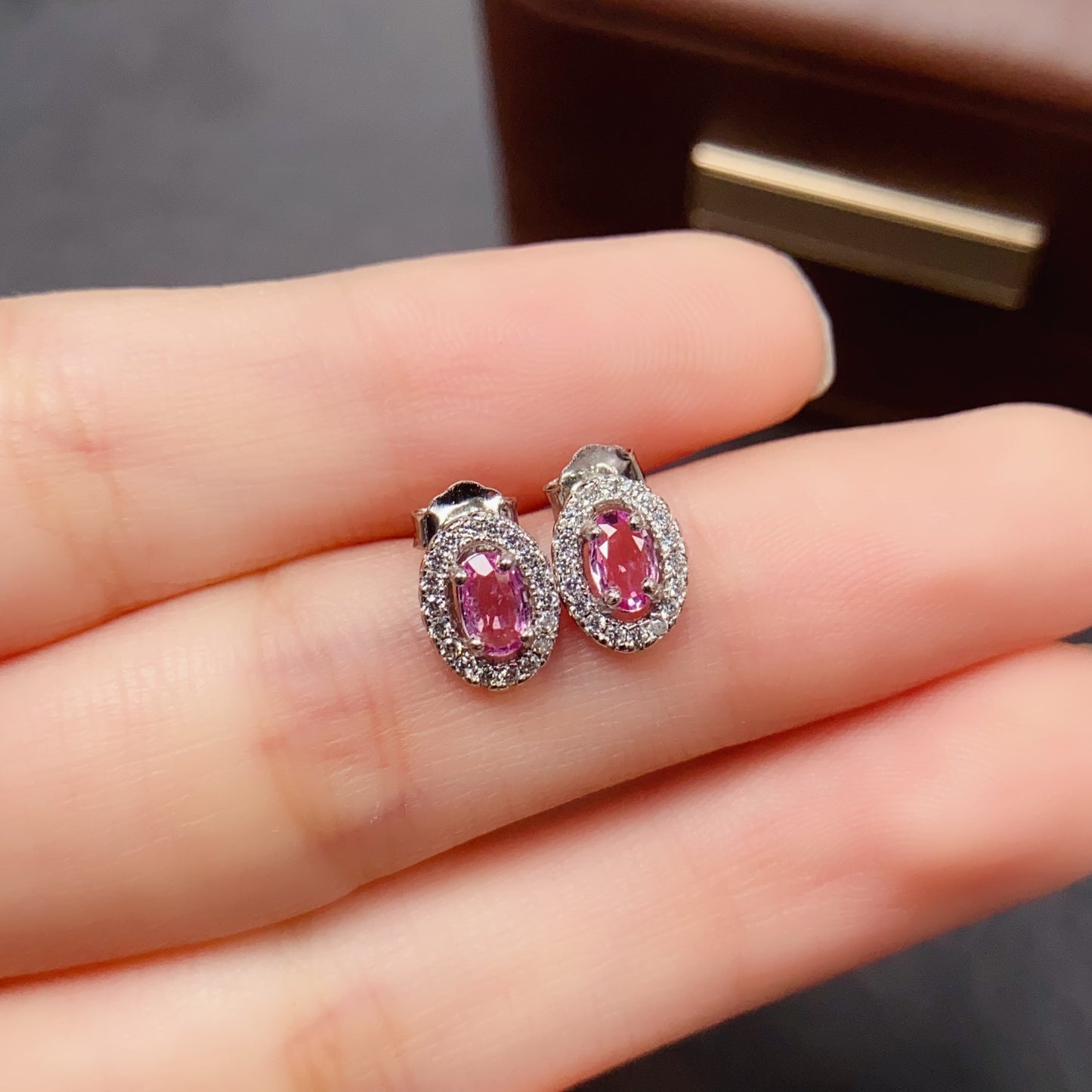 Natural Pink Sapphire Earrings | Oval Classic Style | Cherry Blossom Super Color | High Quality Sparkle | 925 Silver Exquisite Setting | 3*5mm Delicate & Flattering | Feminine Luxe Earrings