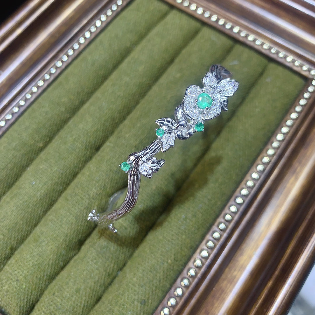 Natural Colombian Emerald Bracelet, Vintage Flower Design💚High Clarity & Brilliant Sparkle✨925 Silver Plated White Gold, Adjustable Open Cuff🔥Unique Gift for Her