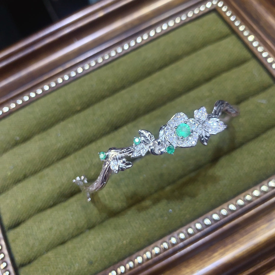 Natural Colombian Emerald Bracelet, Vintage Flower Design💚High Clarity & Brilliant Sparkle✨925 Silver Plated White Gold, Adjustable Open Cuff🔥Unique Gift for Her
