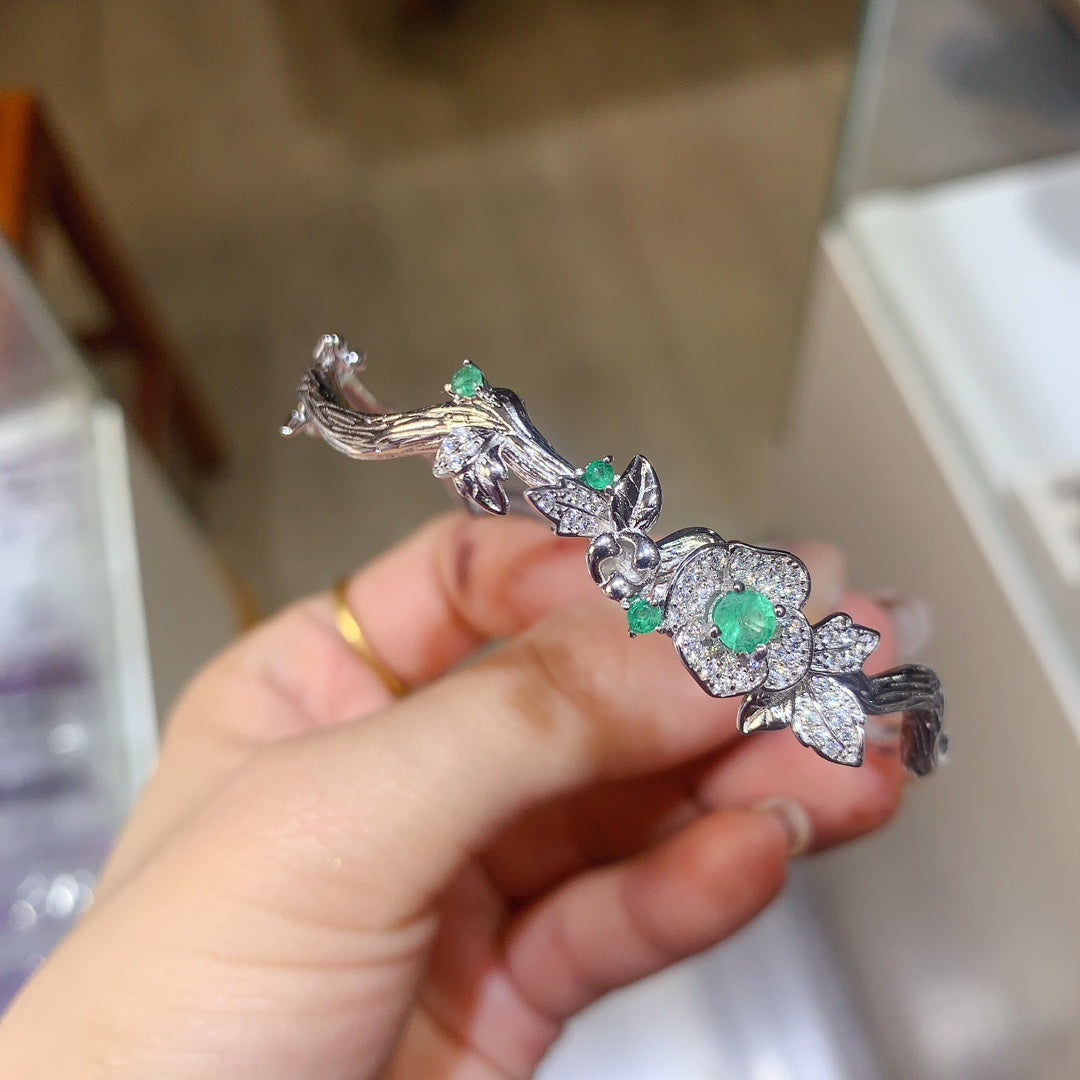 Natural Colombian Emerald Bracelet, Vintage Flower Design💚High Clarity & Brilliant Sparkle✨925 Silver Plated White Gold, Adjustable Open Cuff🔥Unique Gift for Her