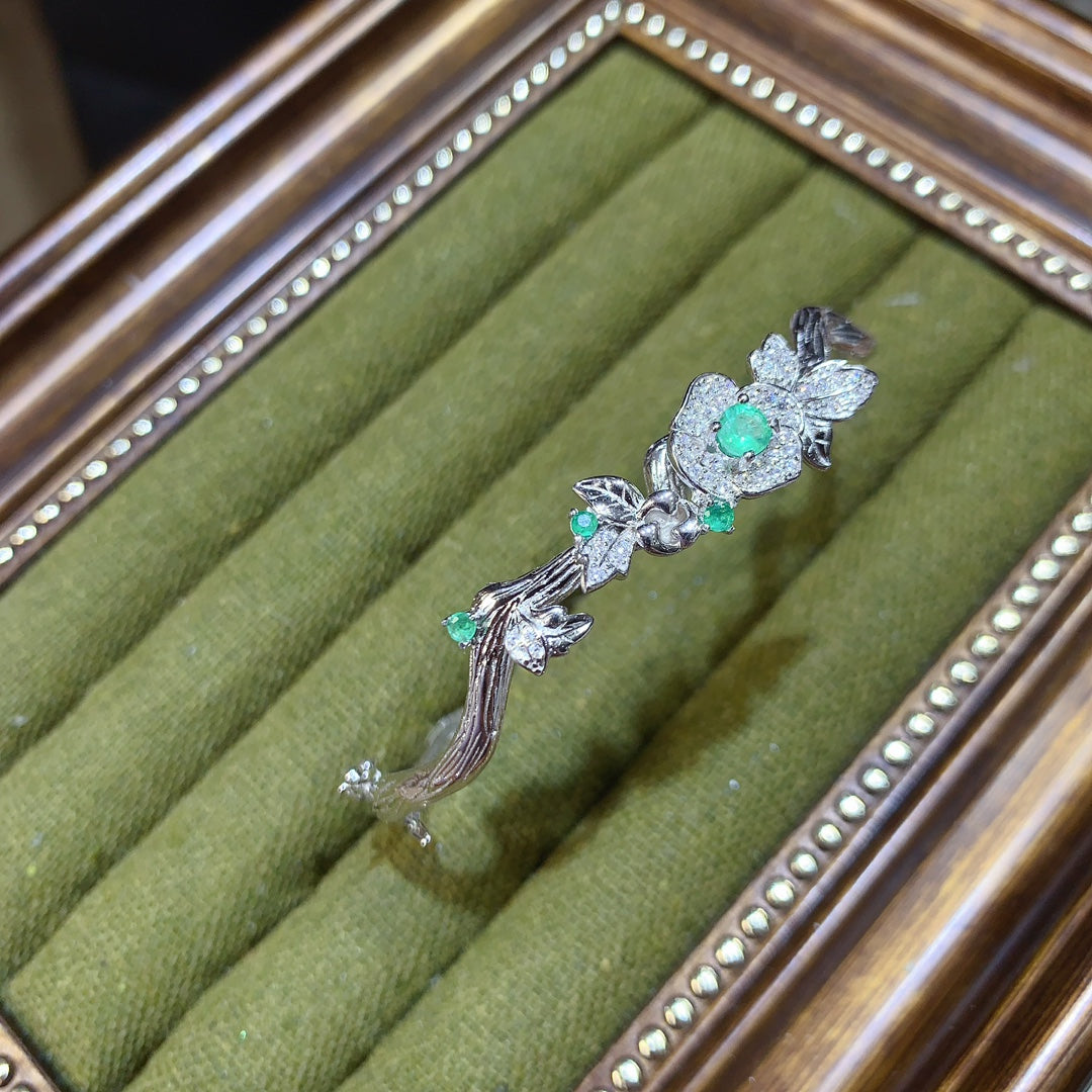 Natural Colombian Emerald Bracelet, Vintage Flower Design💚High Clarity & Brilliant Sparkle✨925 Silver Plated White Gold, Adjustable Open Cuff🔥Unique Gift for Her