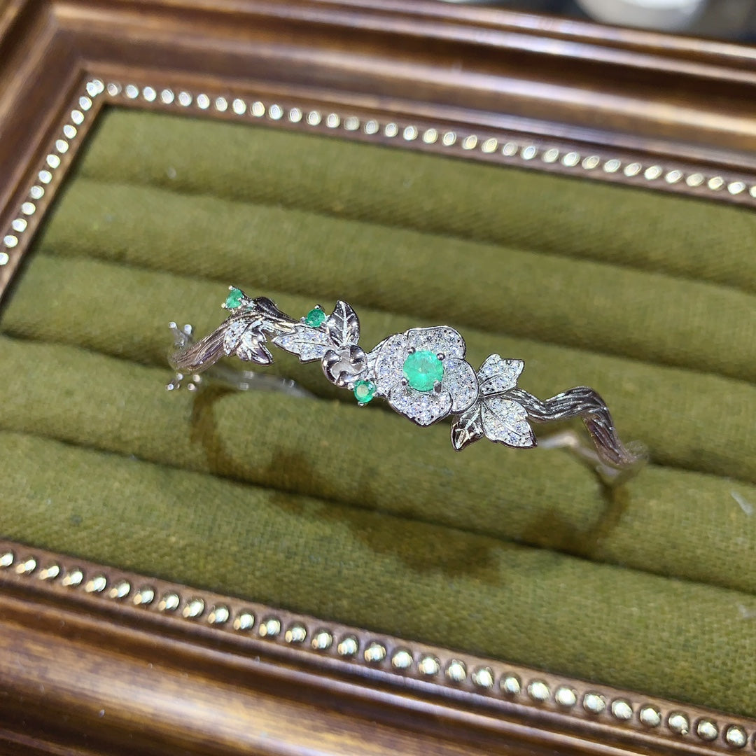 Natural Colombian Emerald Bracelet, Vintage Flower Design💚High Clarity & Brilliant Sparkle✨925 Silver Plated White Gold, Adjustable Open Cuff🔥Unique Gift for Her