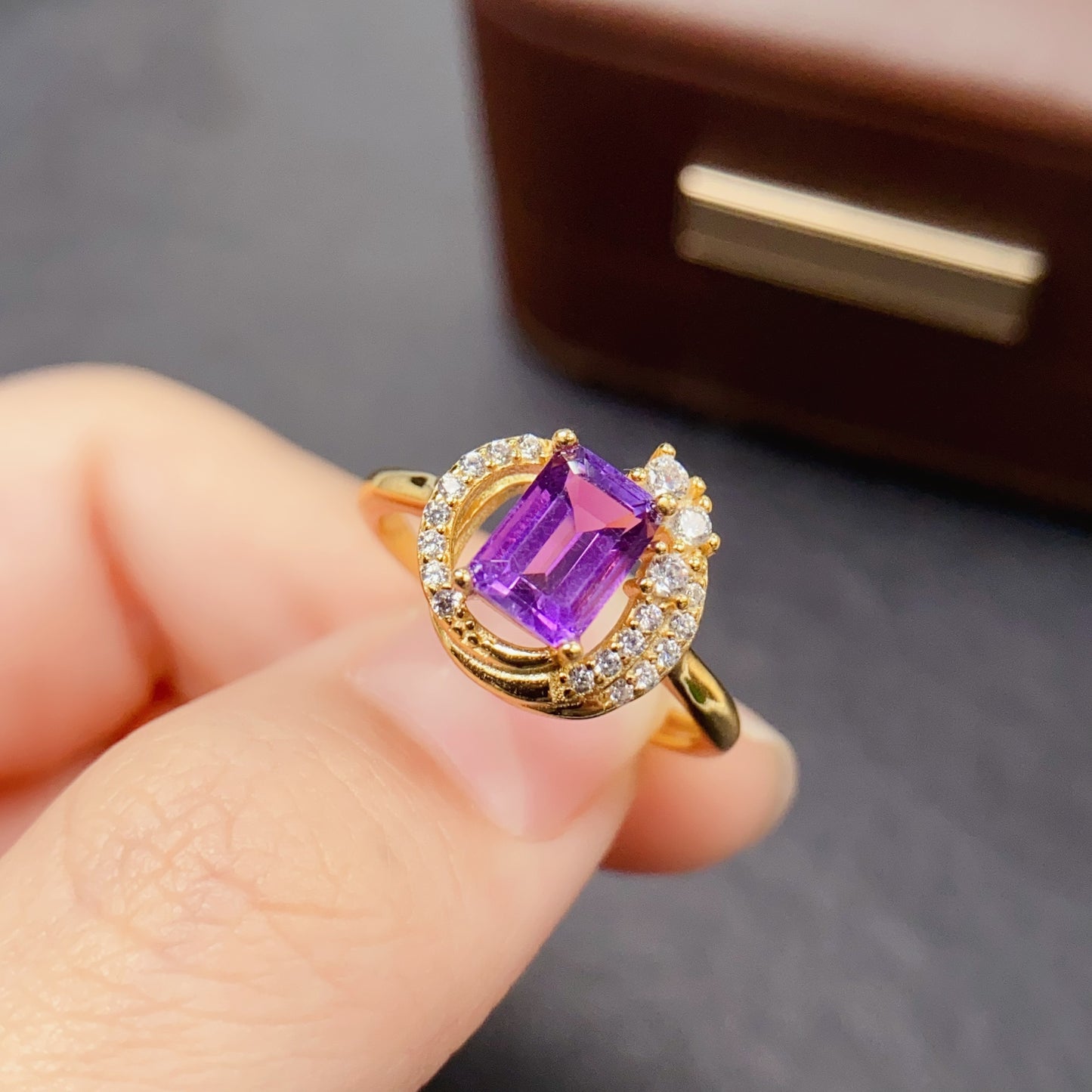 Natural Amethyst Ring | Emerald Cut | 925 Silver 5x7mm | High Quality | Fine Craftsmanship | Adjustable Open | Vintage Style Statement Jewelry