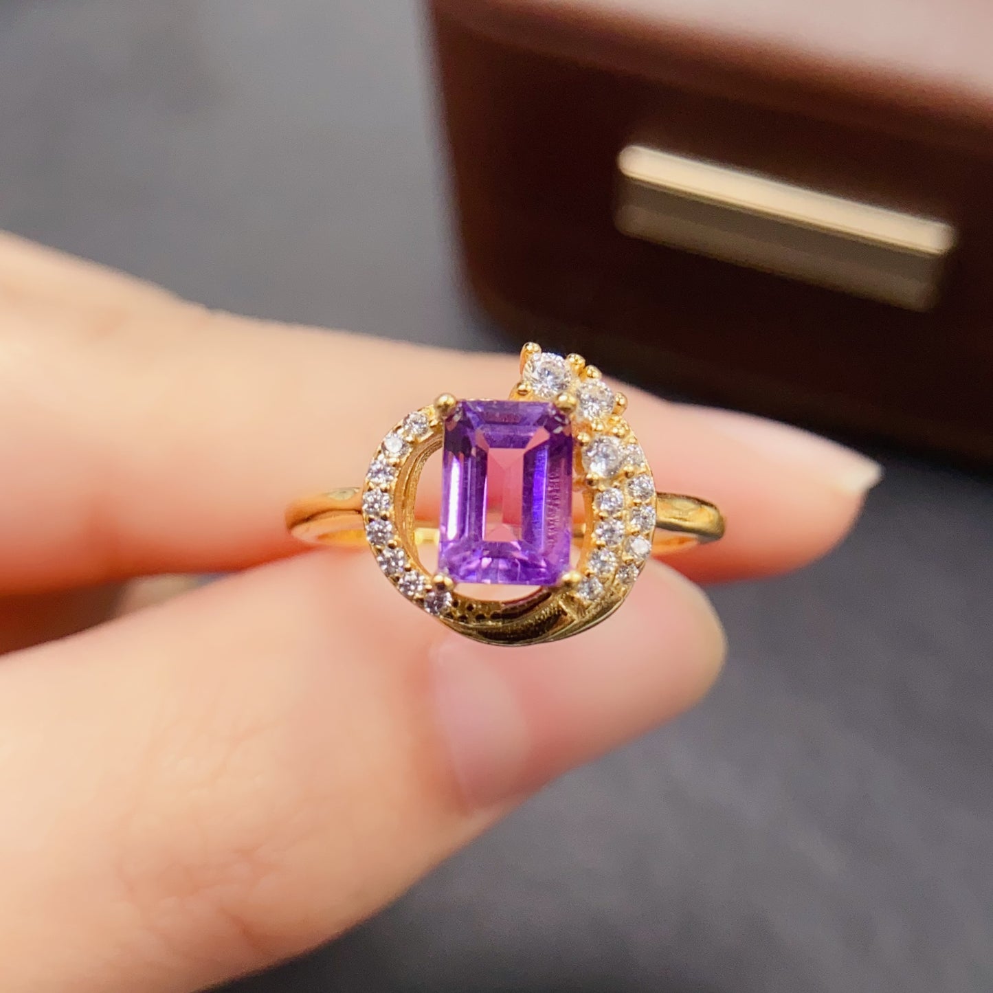 Natural Amethyst Ring | Emerald Cut | 925 Silver 5x7mm | High Quality | Fine Craftsmanship | Adjustable Open | Vintage Style Statement Jewelry