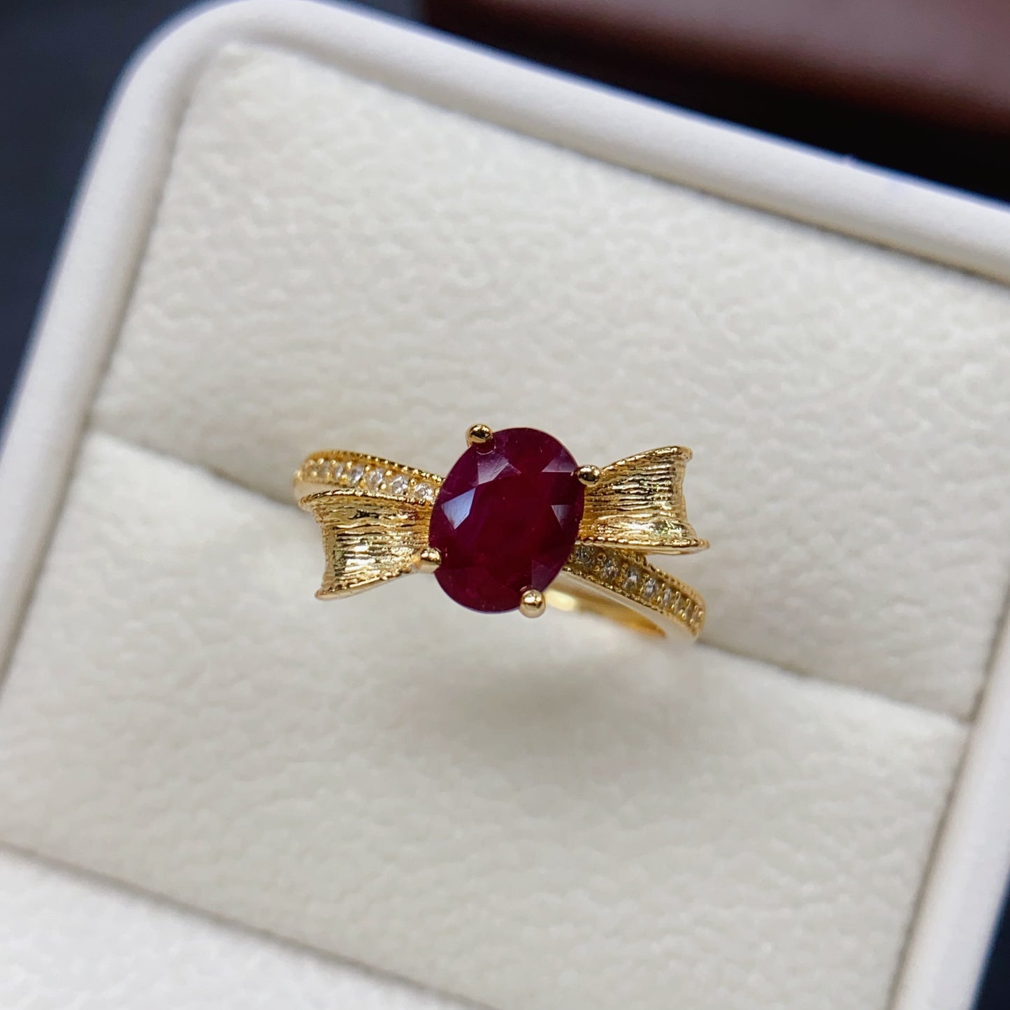 Natural Ruby Ring | Bow Knot Design | Gold Color 925 Silver 6x8mm | High Quality | Fine Craftsmanship | Adjustable Open | Sweet Luxury Birthday Gift