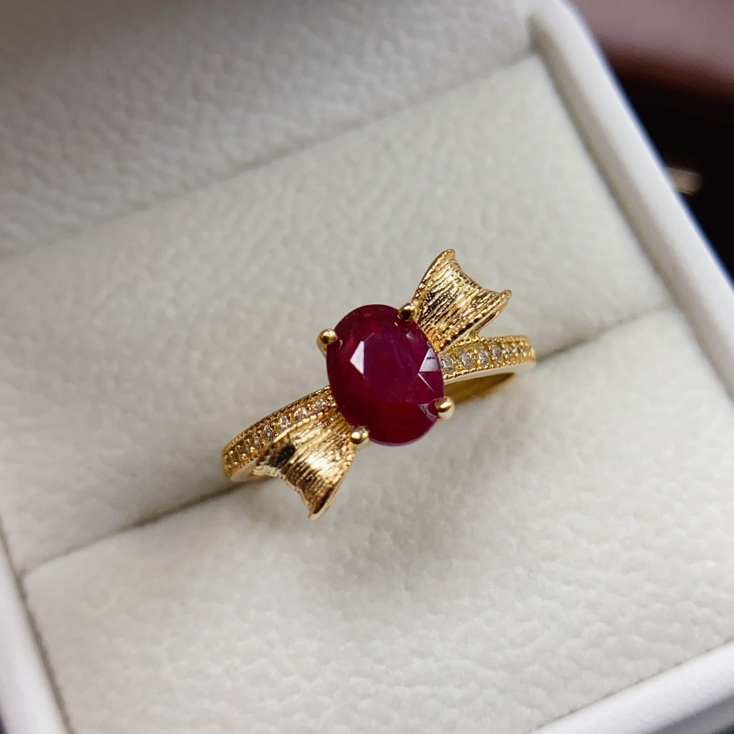 Natural Ruby Ring | Bow Knot Design | Gold Color 925 Silver 6x8mm | High Quality | Fine Craftsmanship | Adjustable Open | Sweet Luxury Birthday Gift