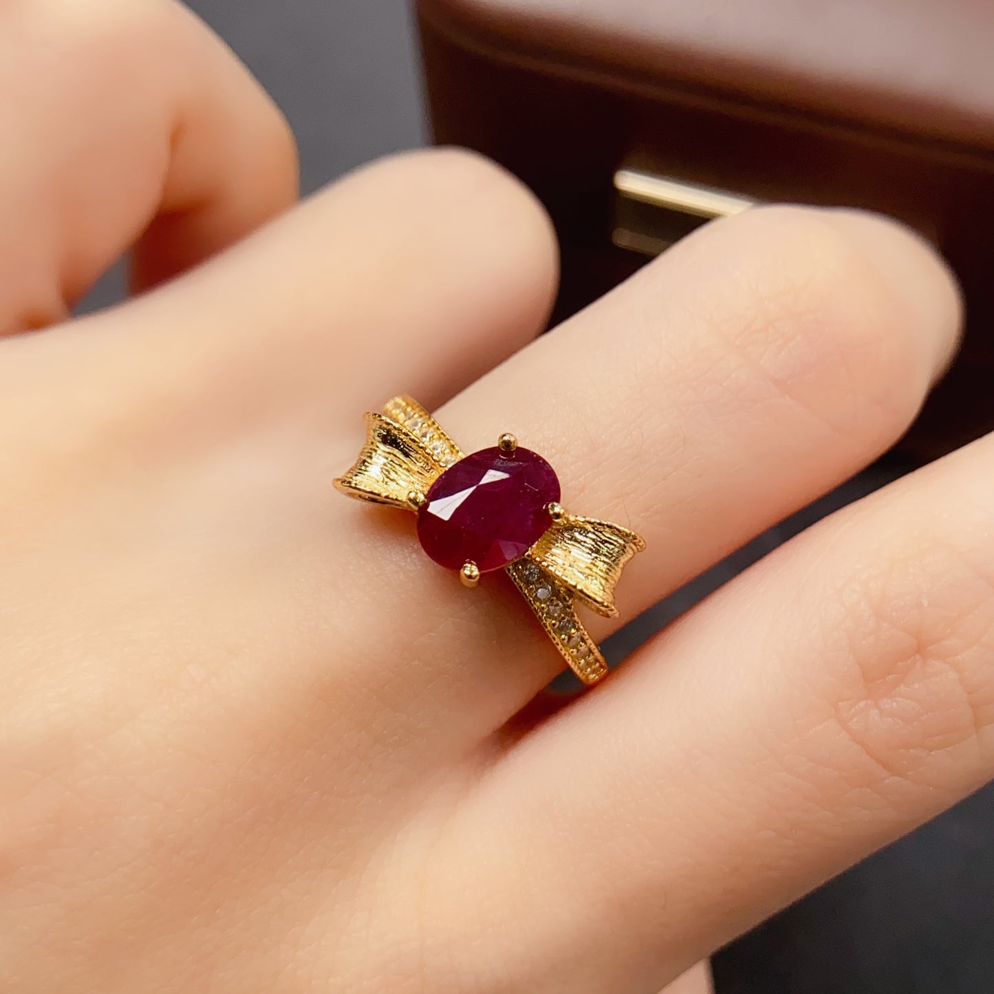 Natural Ruby Ring | Bow Knot Design | Gold Color 925 Silver 6x8mm | High Quality | Fine Craftsmanship | Adjustable Open | Sweet Luxury Birthday Gift