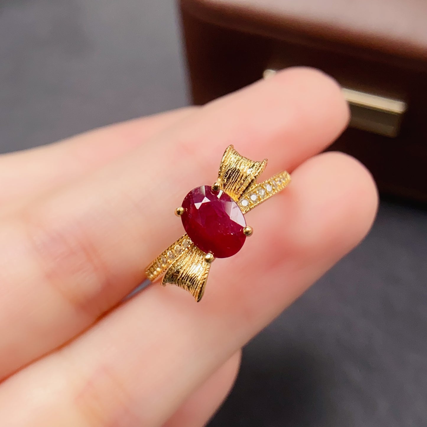 Natural Ruby Ring | Bow Knot Design | Gold Color 925 Silver 6x8mm | High Quality | Fine Craftsmanship | Adjustable Open | Sweet Luxury Birthday Gift