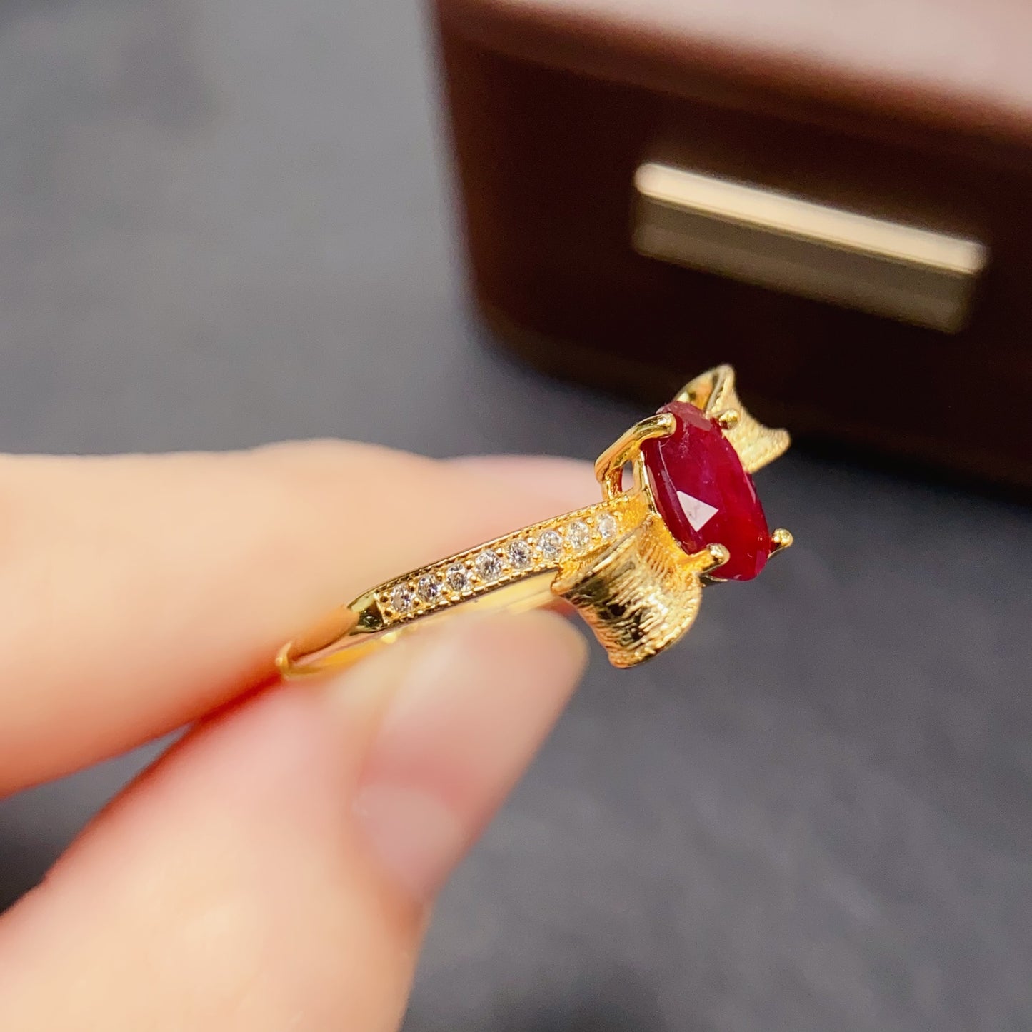 Natural Ruby Ring | Bow Knot Design | Gold Color 925 Silver 6x8mm | High Quality | Fine Craftsmanship | Adjustable Open | Sweet Luxury Birthday Gift