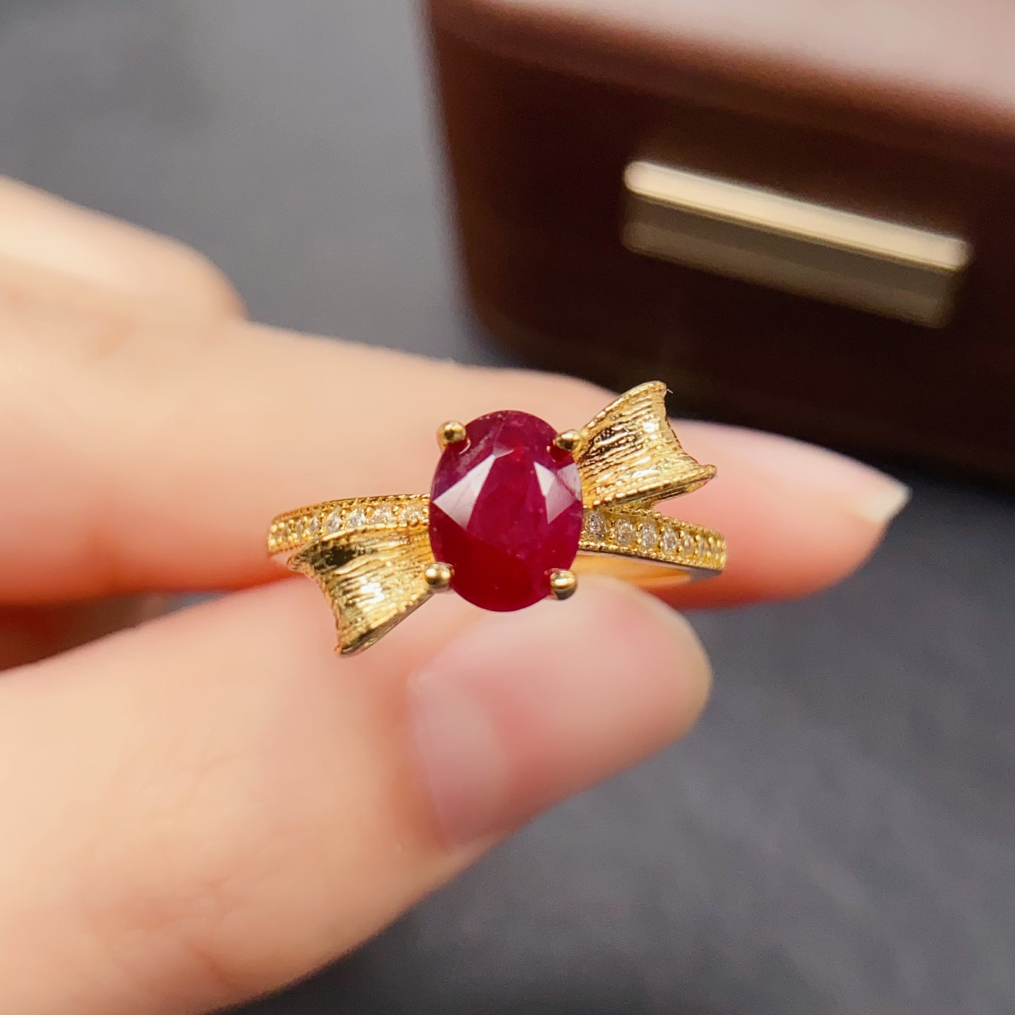 Natural Ruby Ring | Bow Knot Design | Gold Color 925 Silver 6x8mm | High Quality | Fine Craftsmanship | Adjustable Open | Sweet Luxury Birthday Gift