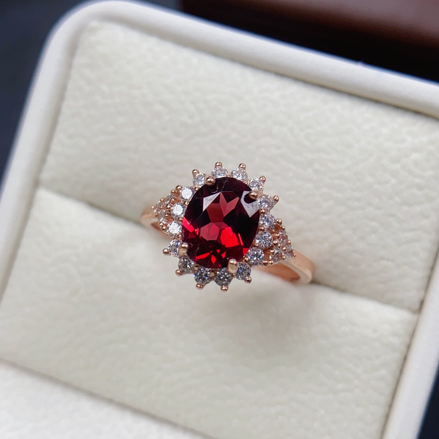 Natural Garnet Ring | Rose Gold Plated Bezel Set | 925 Silver 7x9mm | High Quality | Fine Craftsmanship | Adjustable Open | Vintage Style Birthday Gift