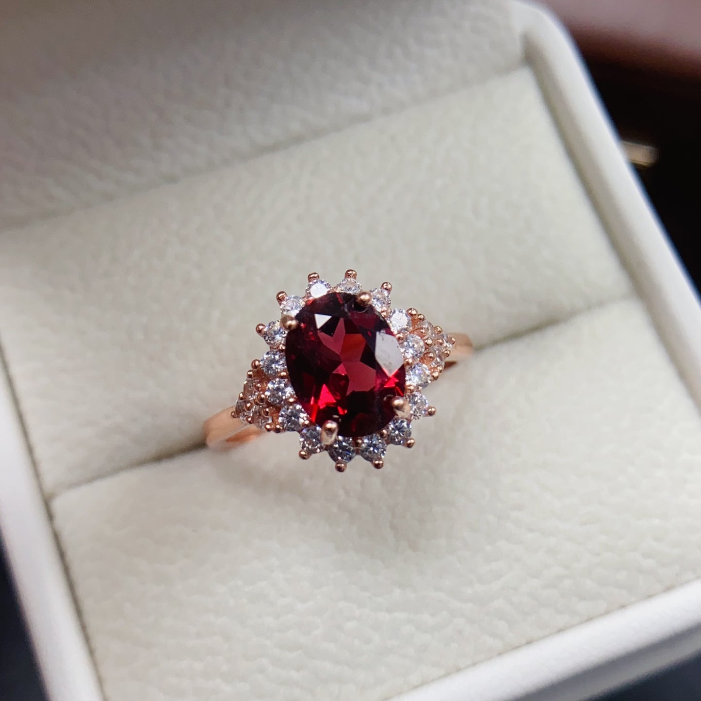 Natural Garnet Ring | Rose Gold Plated Bezel Set | 925 Silver 7x9mm | High Quality | Fine Craftsmanship | Adjustable Open | Vintage Style Birthday Gift