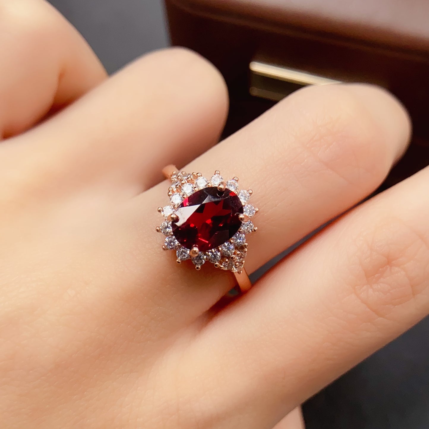 Natural Garnet Ring | Rose Gold Plated Bezel Set | 925 Silver 7x9mm | High Quality | Fine Craftsmanship | Adjustable Open | Vintage Style Birthday Gift