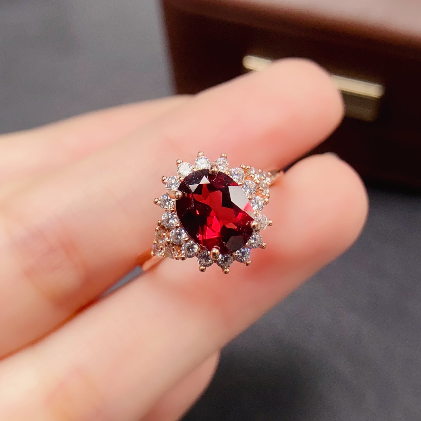 Natural Garnet Ring | Rose Gold Plated Bezel Set | 925 Silver 7x9mm | High Quality | Fine Craftsmanship | Adjustable Open | Vintage Style Birthday Gift