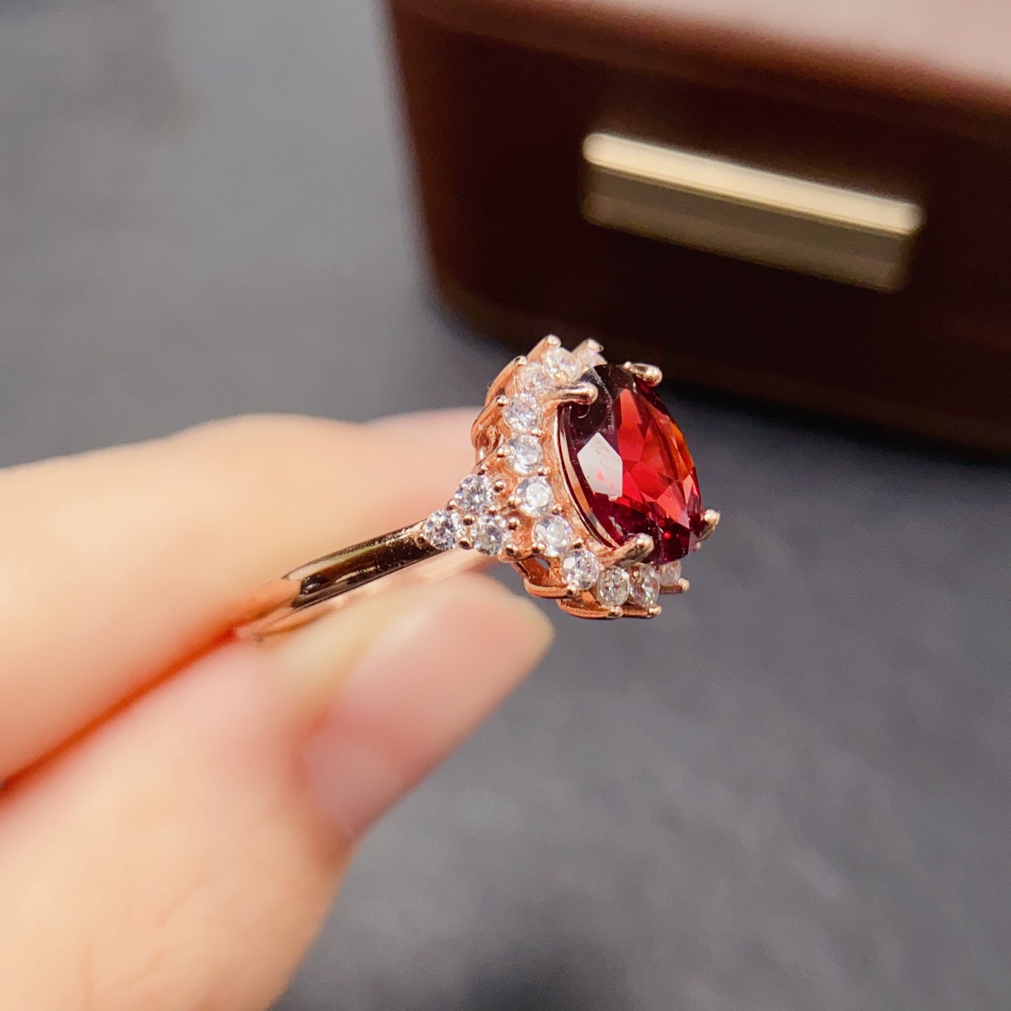 Natural Garnet Ring | Rose Gold Plated Bezel Set | 925 Silver 7x9mm | High Quality | Fine Craftsmanship | Adjustable Open | Vintage Style Birthday Gift