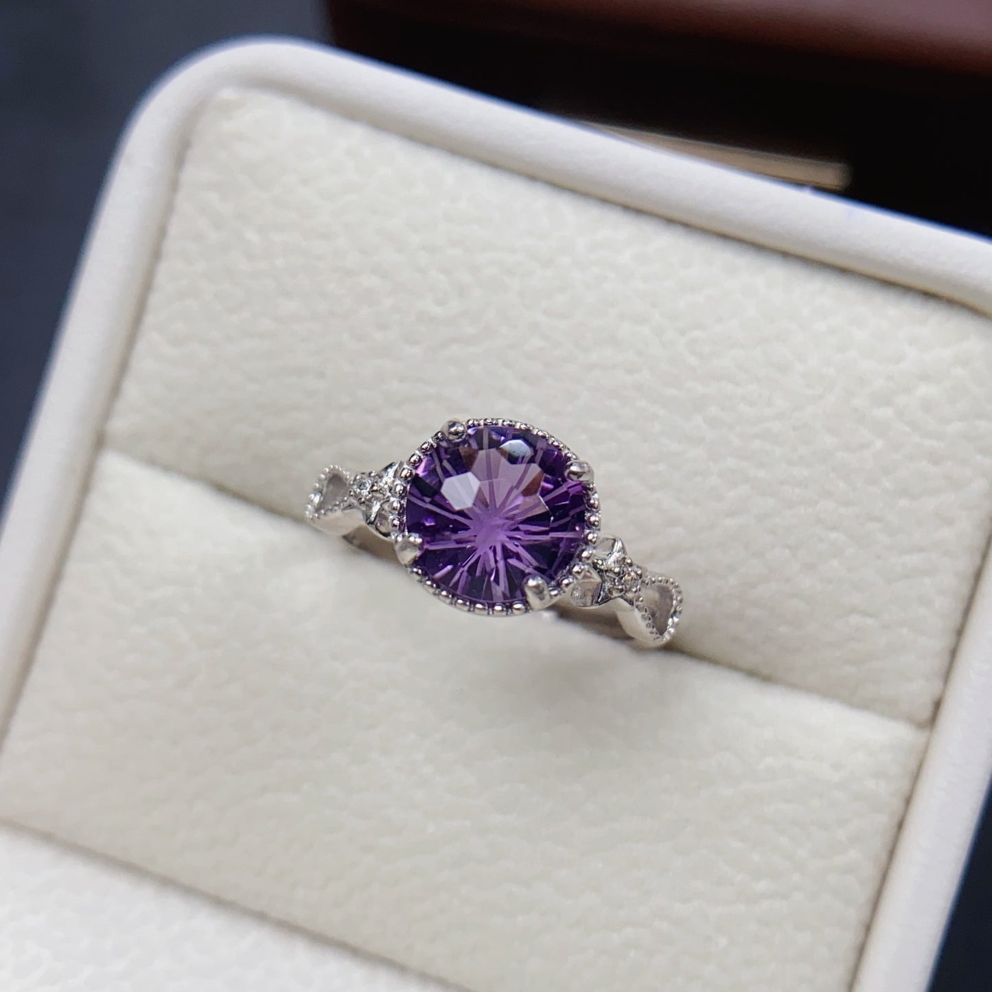 Natural Amethyst Ring | Fireworks Cut Round 8x8mm | 925 Silver | Fine Craftsmanship | Adjustable Open | February Birthstone | Unique Faceting | Sparkly Statement Gift
