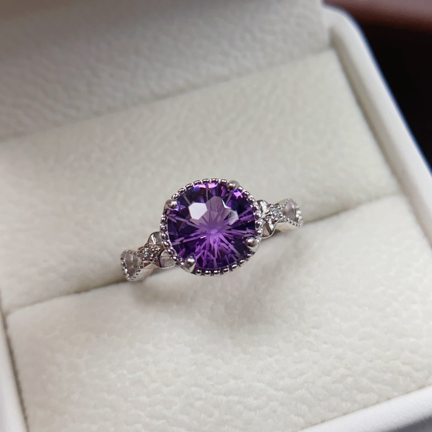 Natural Amethyst Ring | Fireworks Cut Round 8x8mm | 925 Silver | Fine Craftsmanship | Adjustable Open | February Birthstone | Unique Faceting | Sparkly Statement Gift