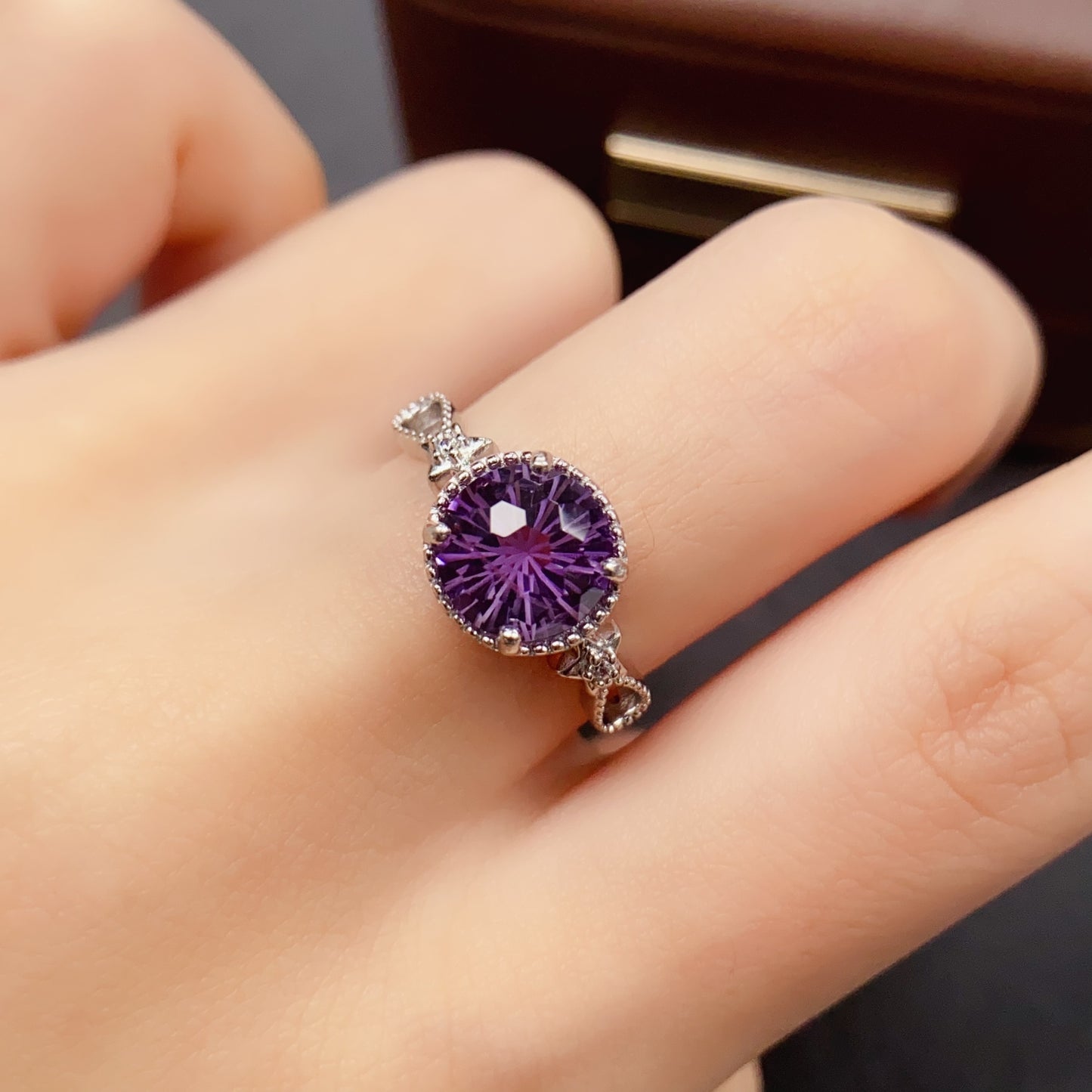Natural Amethyst Ring | Fireworks Cut Round 8x8mm | 925 Silver | Fine Craftsmanship | Adjustable Open | February Birthstone | Unique Faceting | Sparkly Statement Gift
