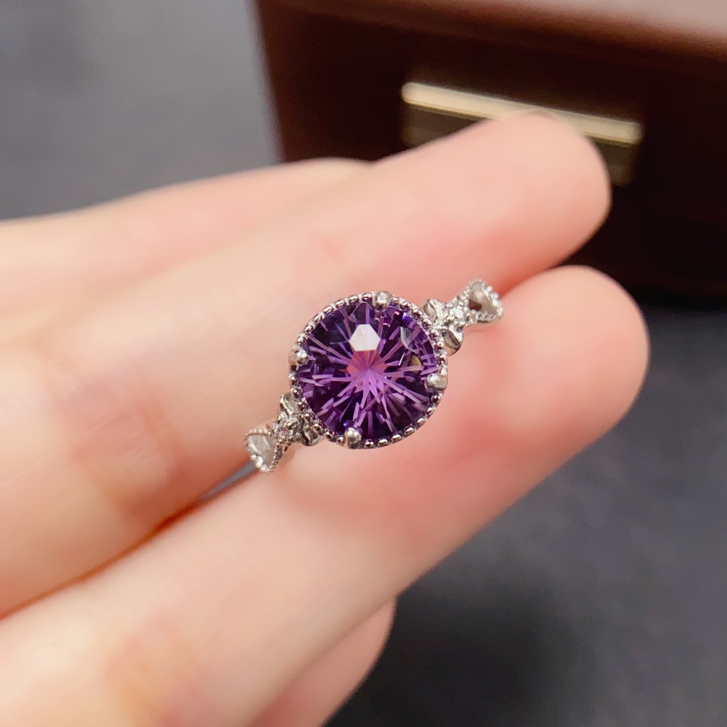 Natural Amethyst Ring | Fireworks Cut Round 8x8mm | 925 Silver | Fine Craftsmanship | Adjustable Open | February Birthstone | Unique Faceting | Sparkly Statement Gift