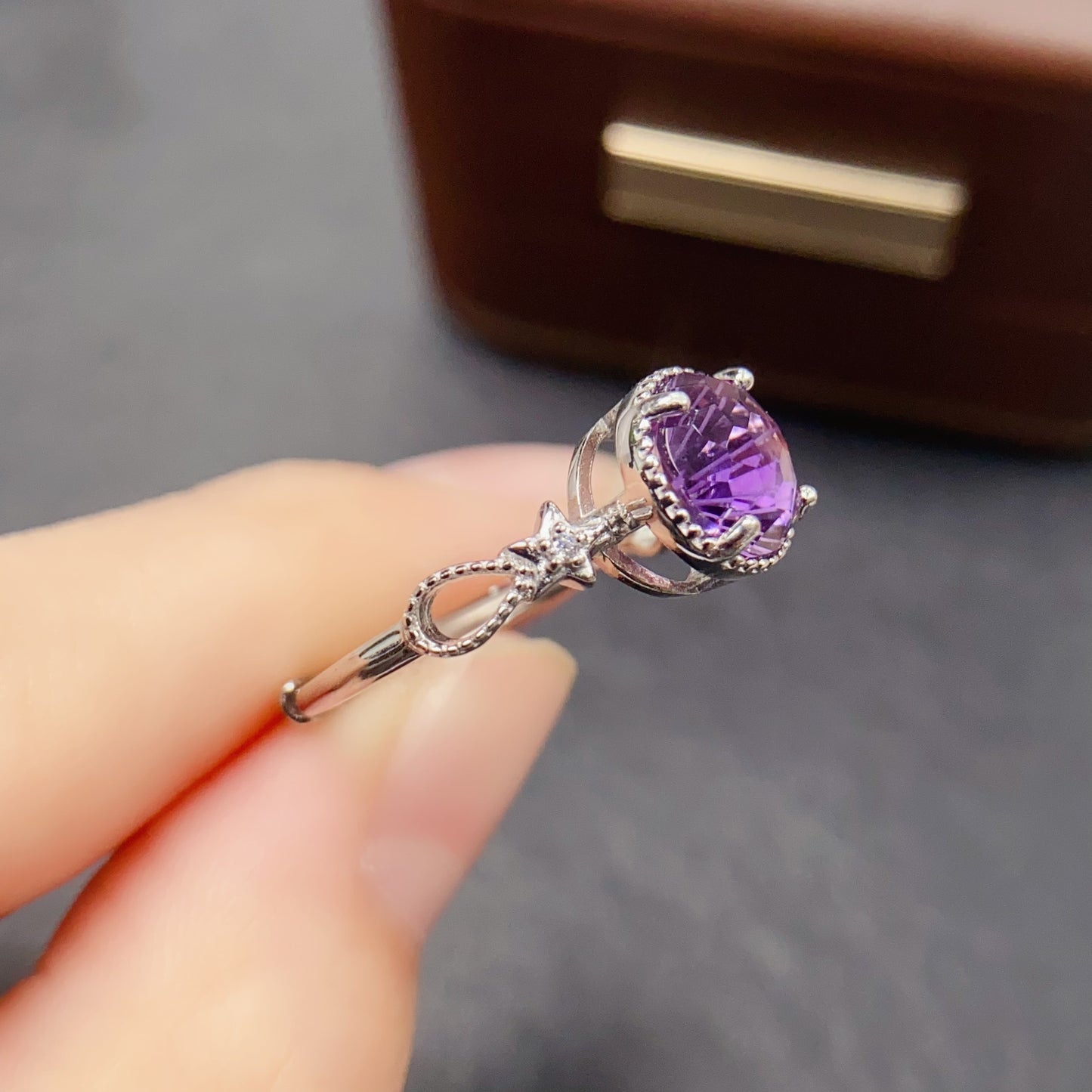 Natural Amethyst Ring | Fireworks Cut Round 8x8mm | 925 Silver | Fine Craftsmanship | Adjustable Open | February Birthstone | Unique Faceting | Sparkly Statement Gift