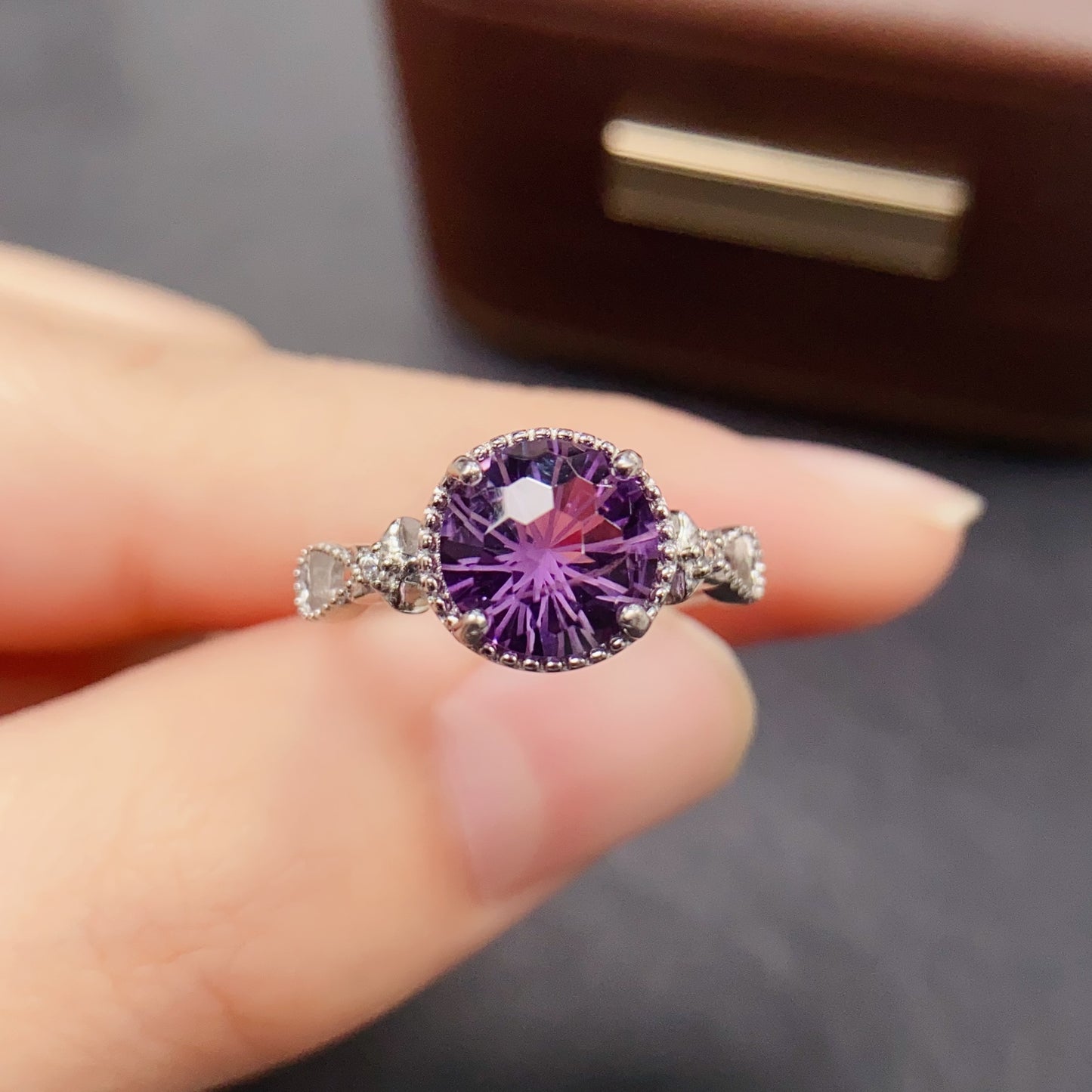 Natural Amethyst Ring | Fireworks Cut Round 8x8mm | 925 Silver | Fine Craftsmanship | Adjustable Open | February Birthstone | Unique Faceting | Sparkly Statement Gift