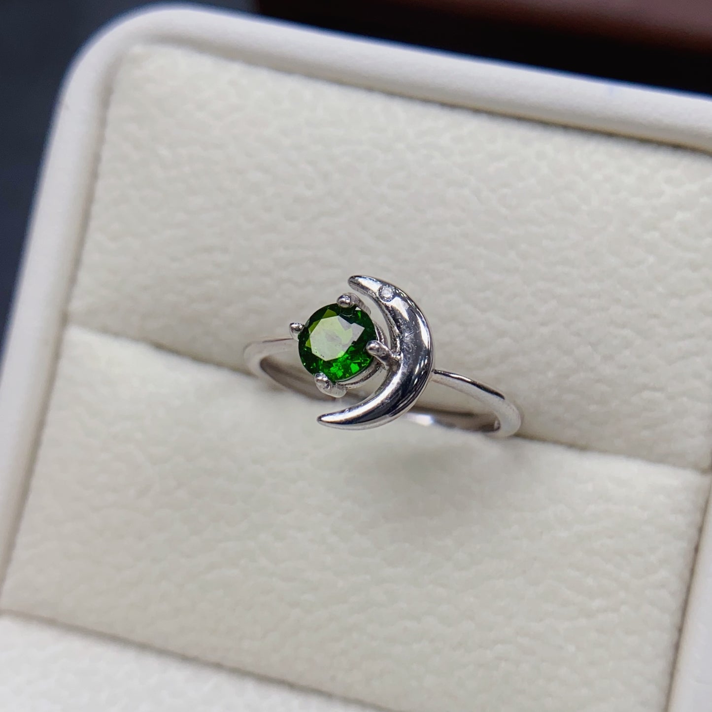Natural Diopside Ring | Moon Shape Design 5x5mm | 925 Silver | Fine Craftsmanship | Adjustable Open | June Birthstone | Crystal Healing | Cute Green Gemstone Gift
