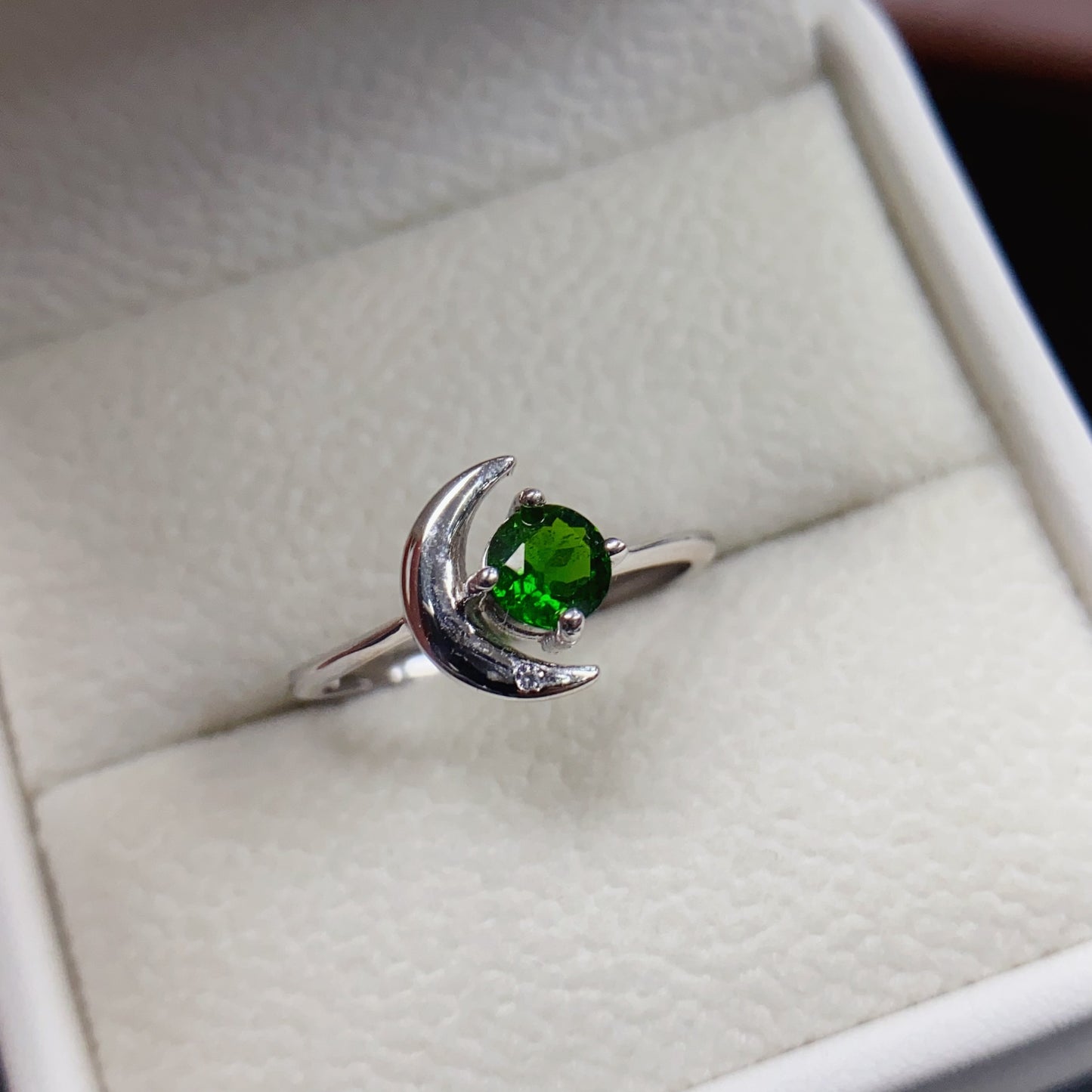 Natural Diopside Ring | Moon Shape Design 5x5mm | 925 Silver | Fine Craftsmanship | Adjustable Open | June Birthstone | Crystal Healing | Cute Green Gemstone Gift