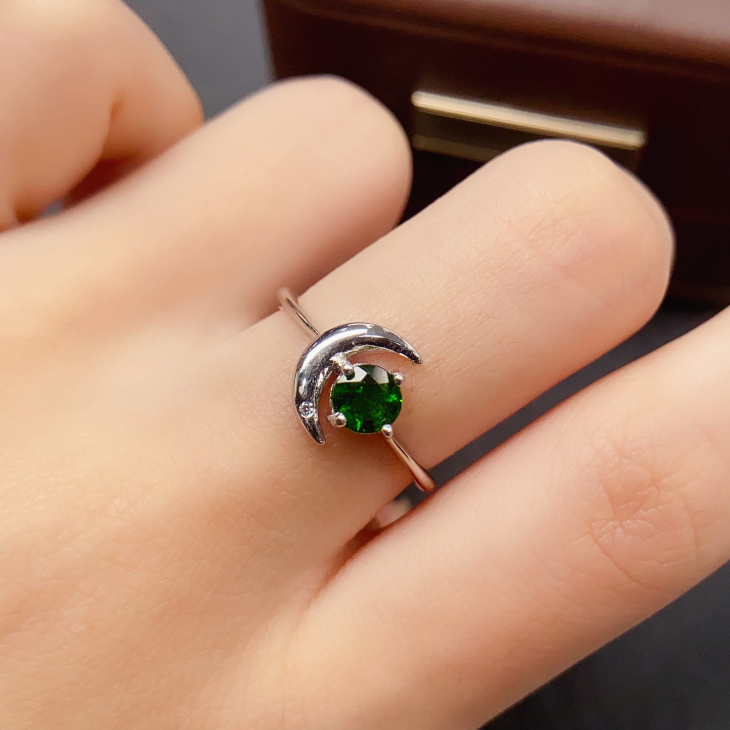 Natural Diopside Ring | Moon Shape Design 5x5mm | 925 Silver | Fine Craftsmanship | Adjustable Open | June Birthstone | Crystal Healing | Cute Green Gemstone Gift