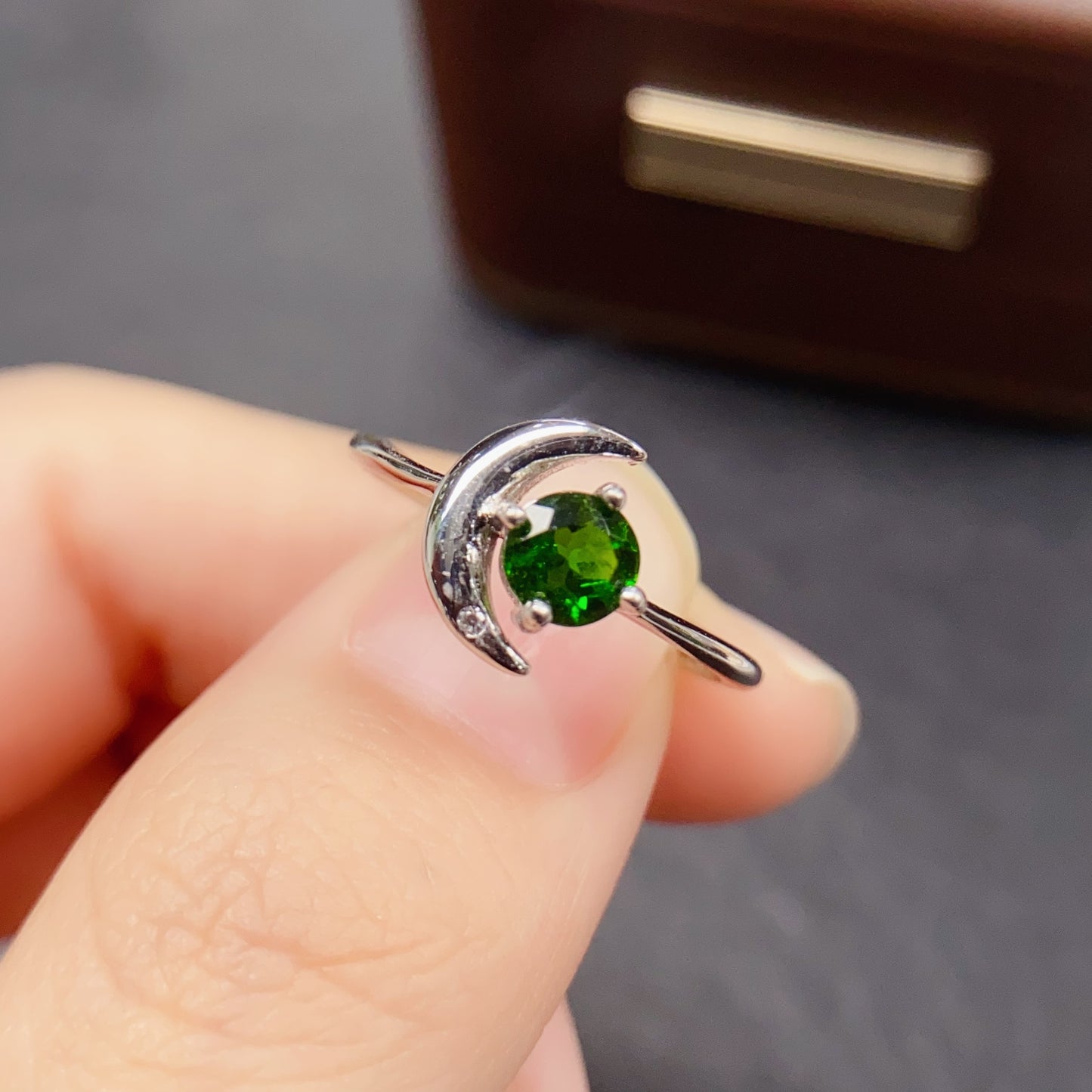 Natural Diopside Ring | Moon Shape Design 5x5mm | 925 Silver | Fine Craftsmanship | Adjustable Open | June Birthstone | Crystal Healing | Cute Green Gemstone Gift
