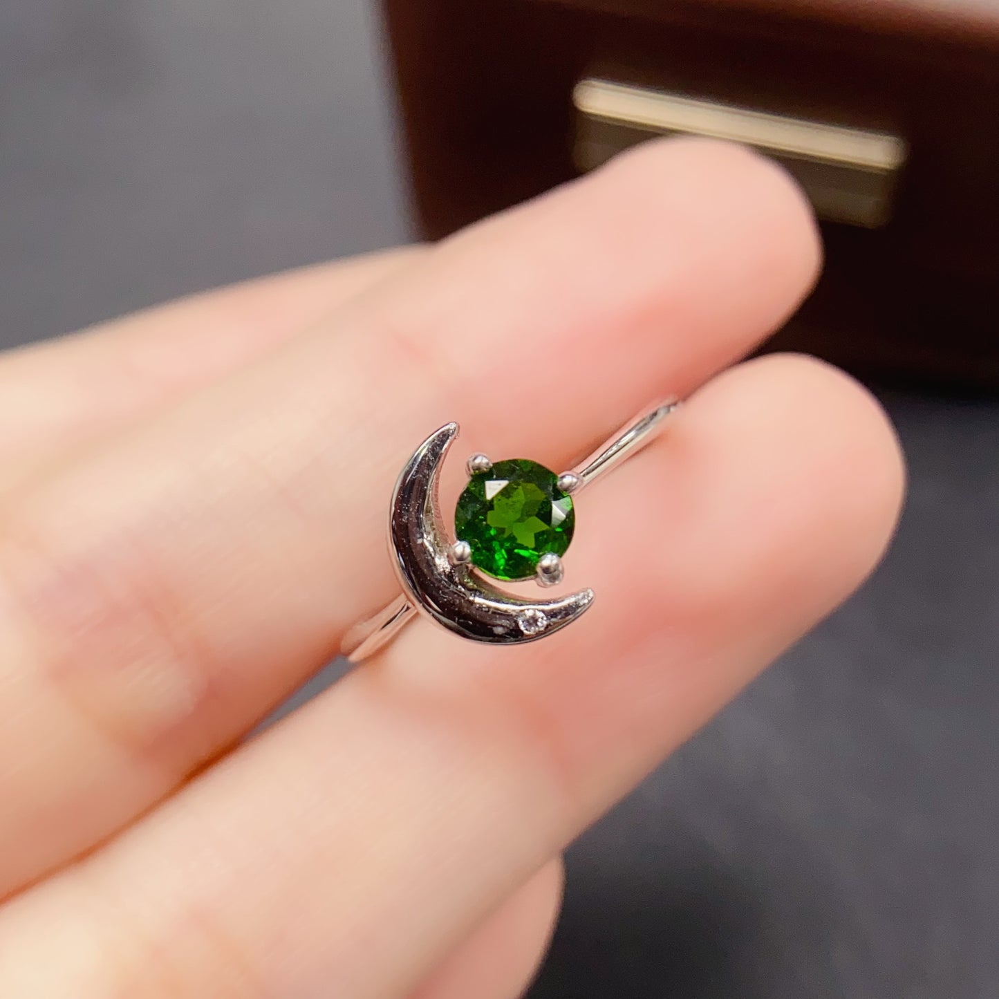 Natural Diopside Ring | Moon Shape Design 5x5mm | 925 Silver | Fine Craftsmanship | Adjustable Open | June Birthstone | Crystal Healing | Cute Green Gemstone Gift